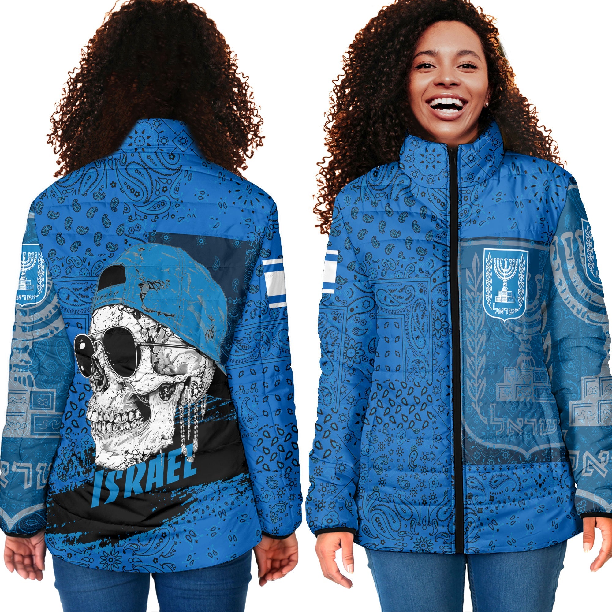 Israel Women Padded Jacket Paisley Flag And Skull Style 4