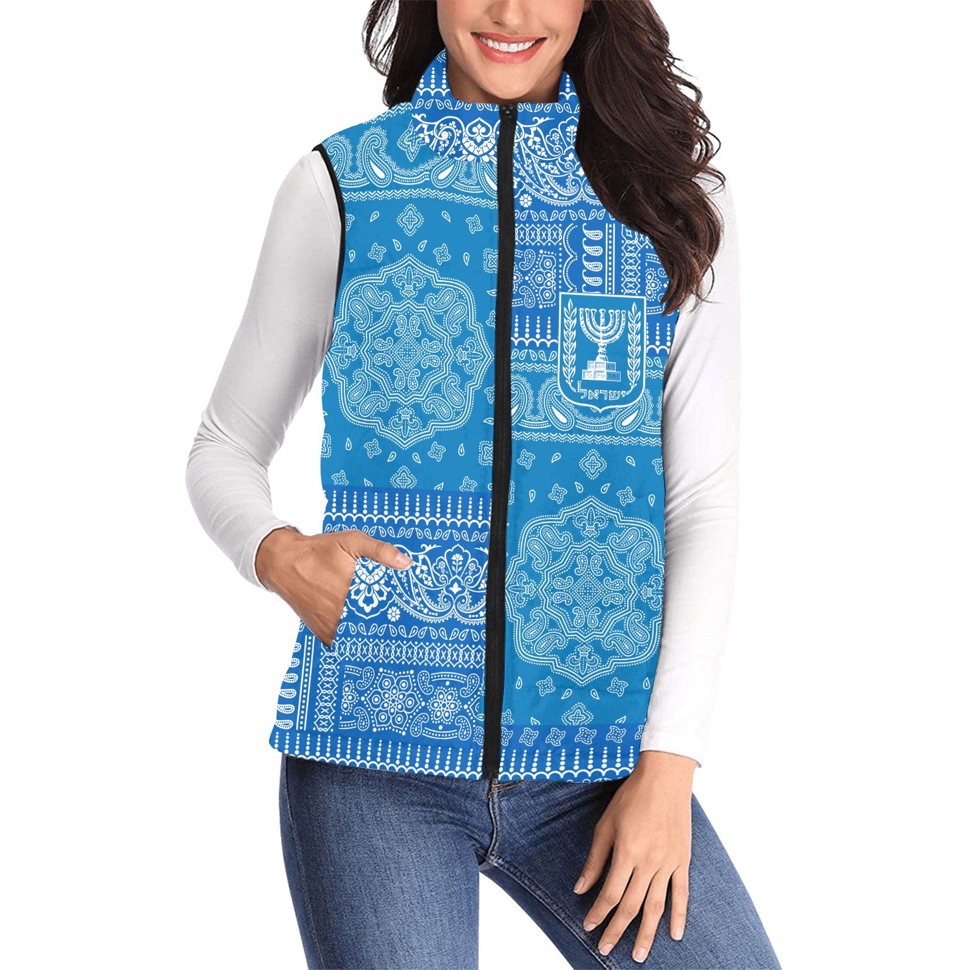 Israel Women Padded Jacket Vest Flag And Paisley Basic Style 1