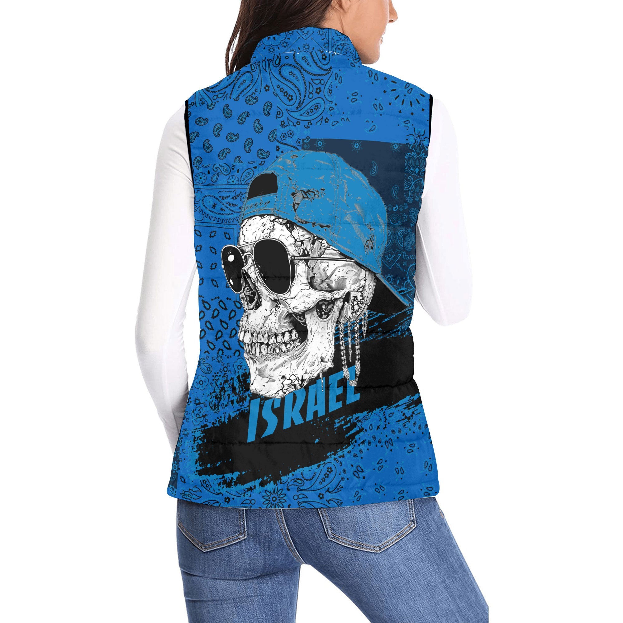 Israel Women Padded Jacket Vest Paisley Flag And Skull Style 2