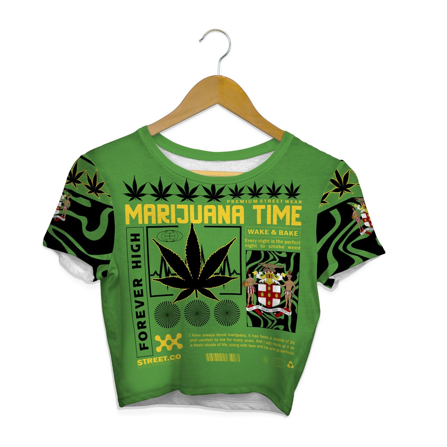 Jamaica Crop Top T Shirt Flag & Coat Of Arms Marijuanas Style