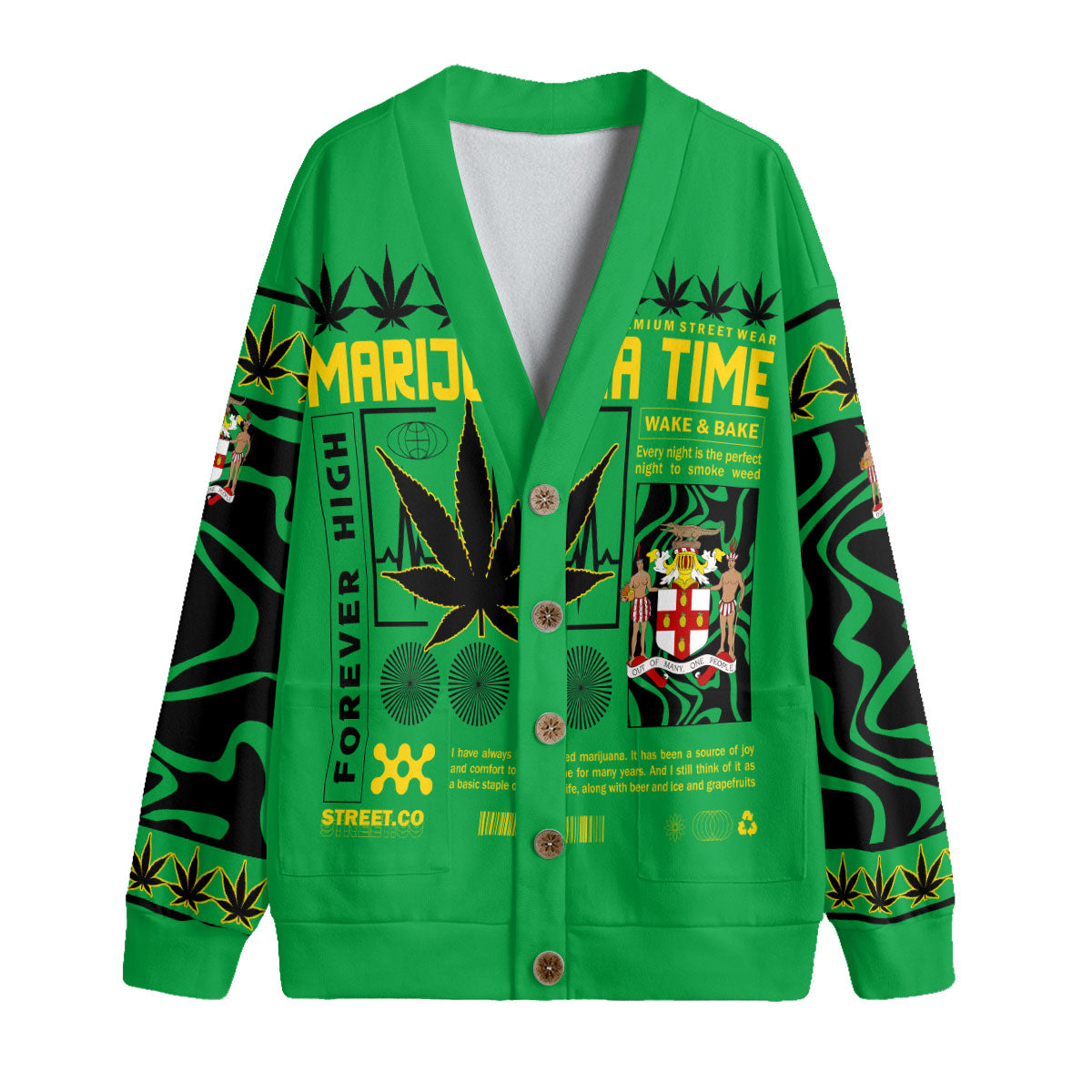 Jamaica Fleece Cardigan Flag & Coat Of Arms Marijuanas Style