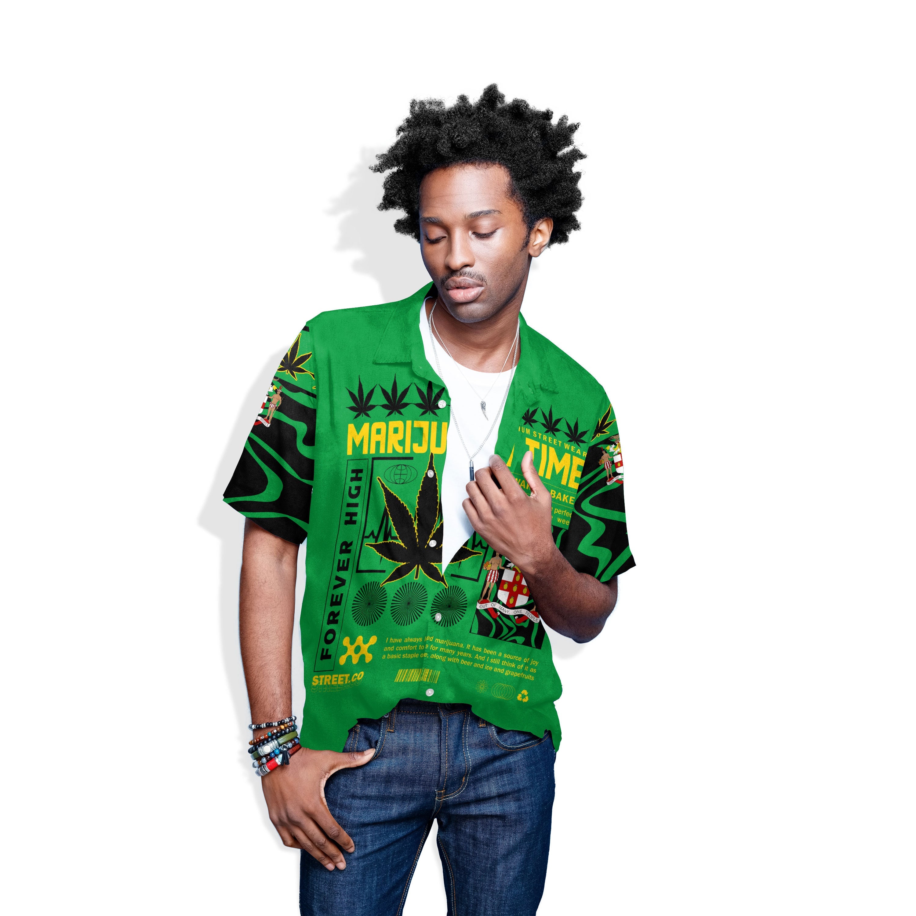 Jamaica Hawaiian Shirt Flag & Coat Of Arms Marijuanas Style