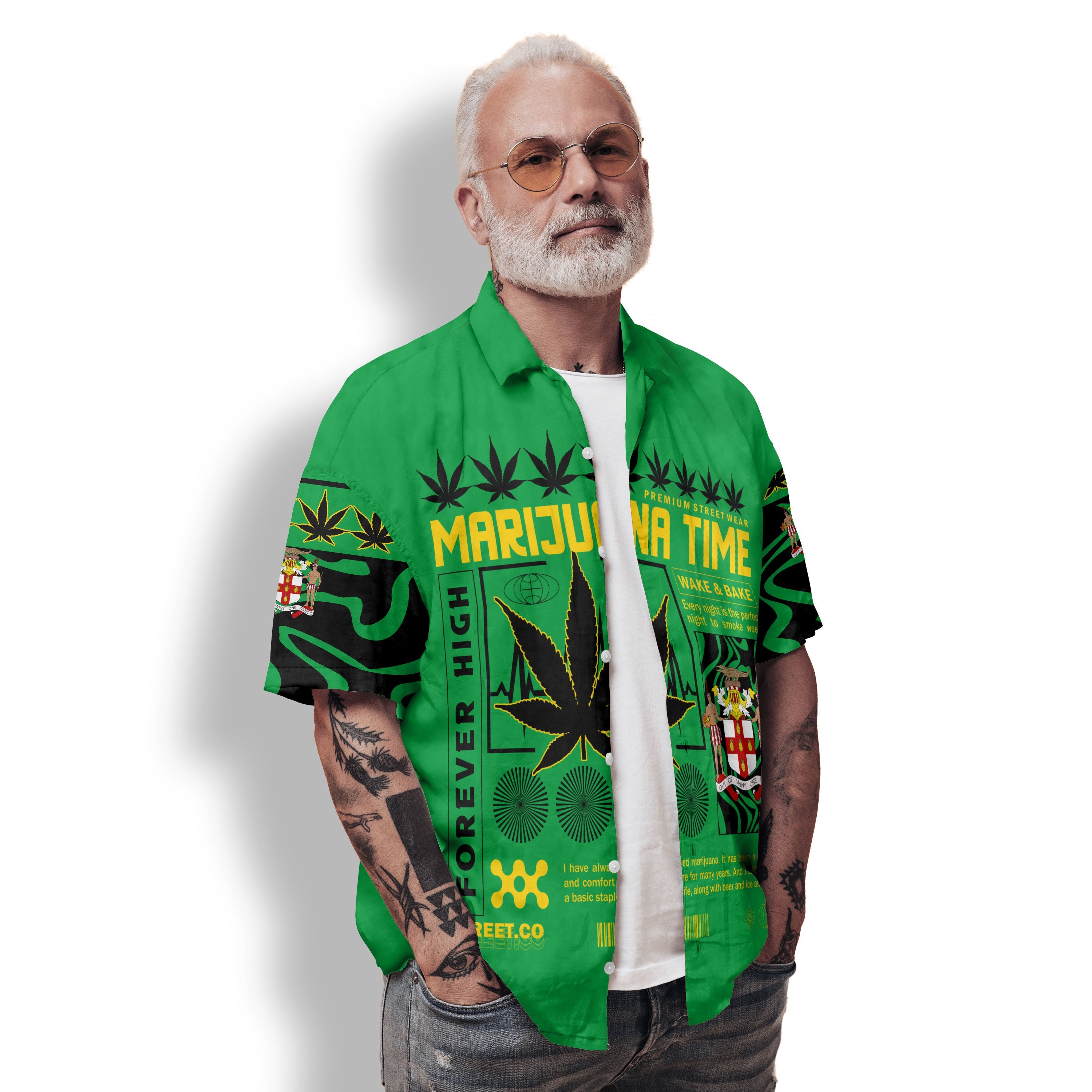 Jamaica Hawaiian Shirt Flag & Coat Of Arms Marijuanas Style