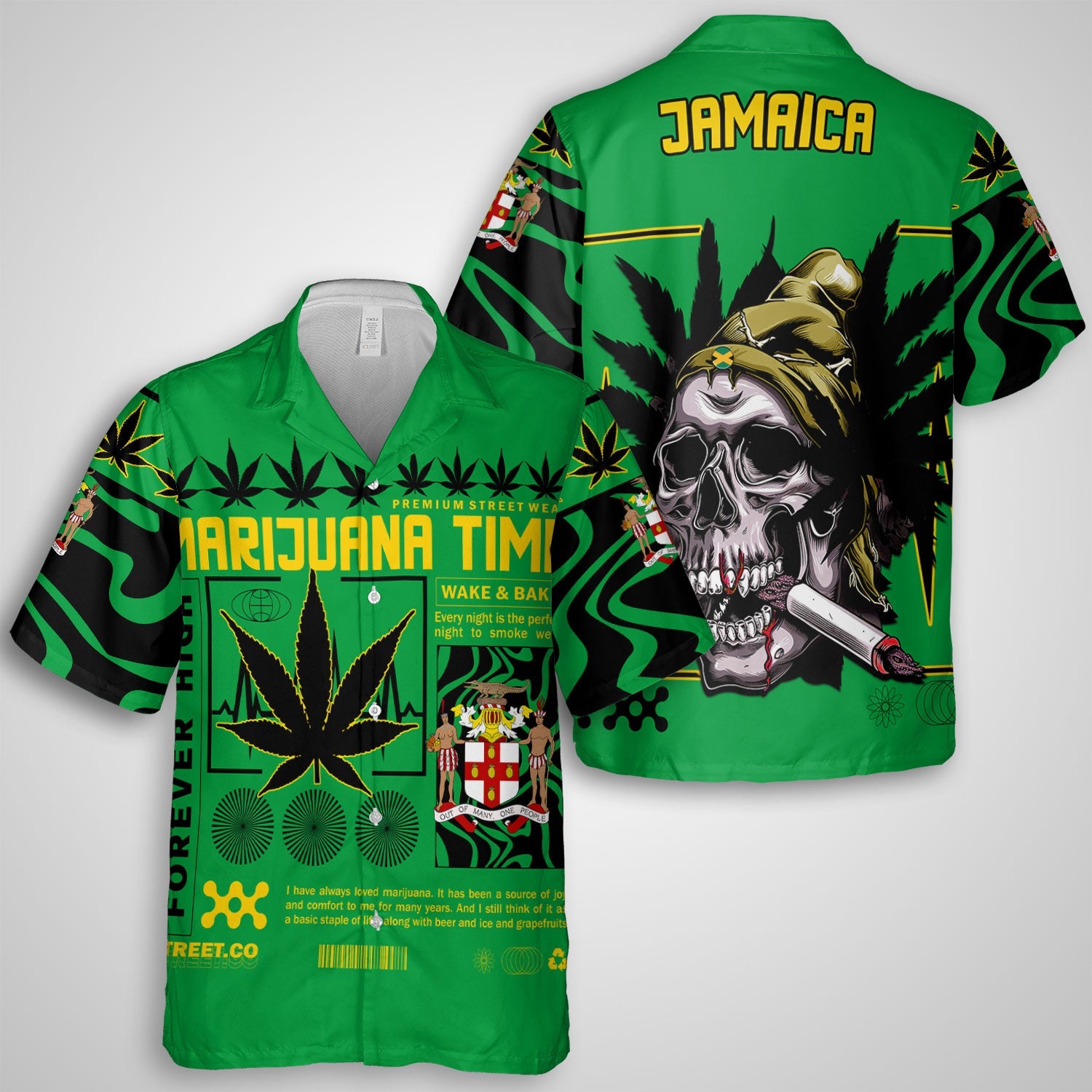 Jamaica Hawaiian Shirt Flag & Coat Of Arms Marijuanas Style