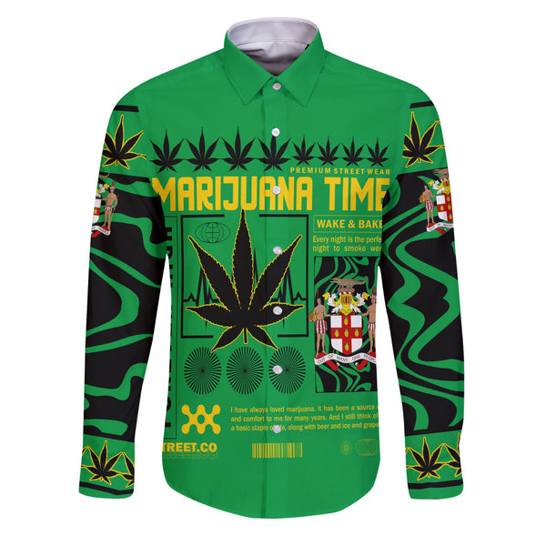 Jamaica Long Sleeve Button Shirt Flag & Coat Of Arms Marijuanas Style