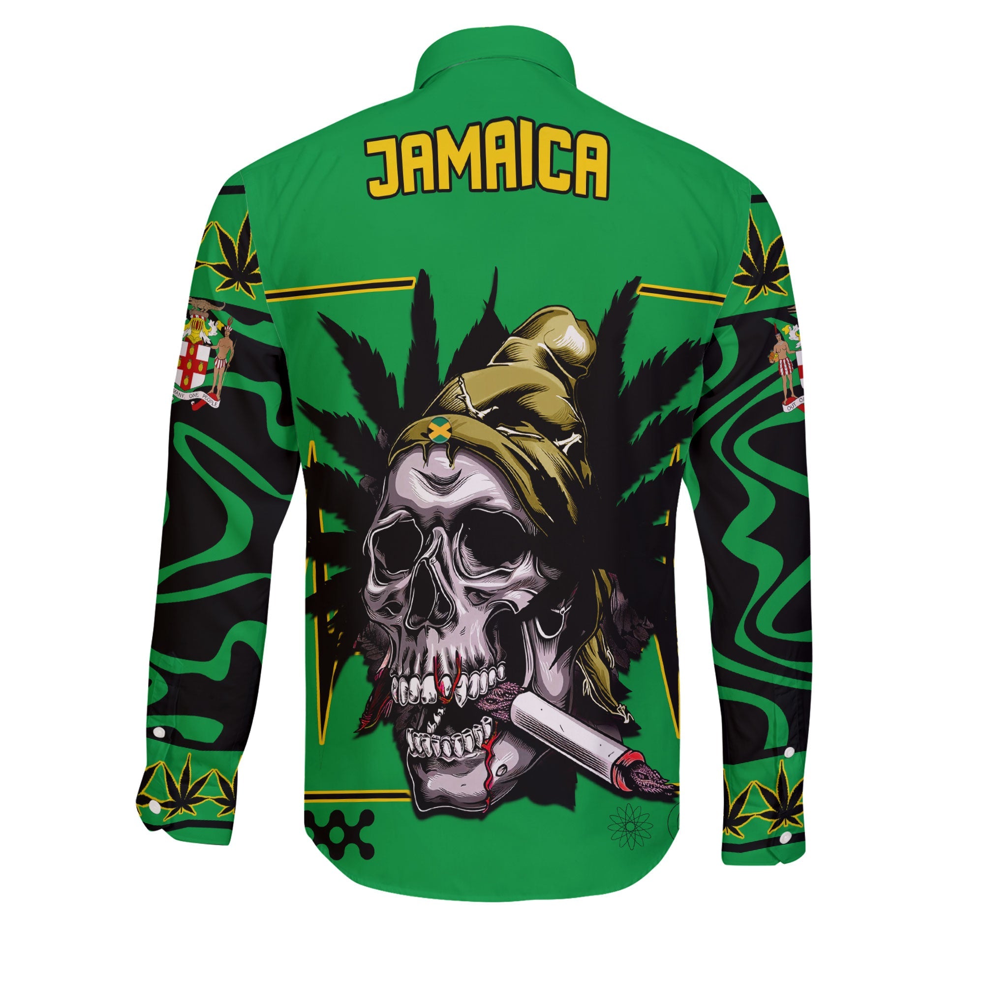 Jamaica Long Sleeve Button Shirt Flag & Coat Of Arms Marijuanas Style