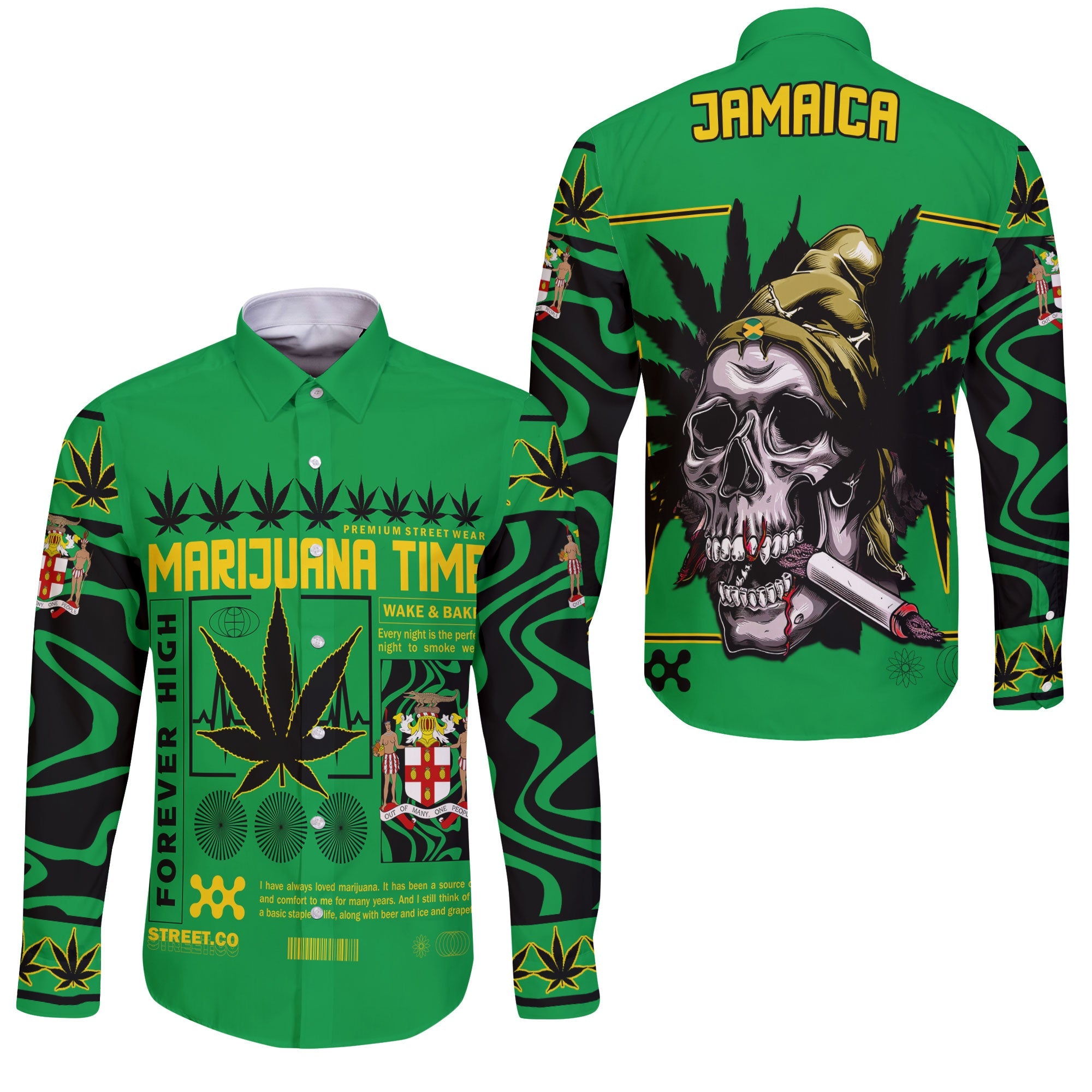 Jamaica Long Sleeve Button Shirt Flag & Coat Of Arms Marijuanas Style