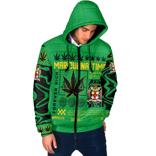 Jamaica Men Hooded Padded Jacket Flag & Coat Of Arms Marijuanas Style