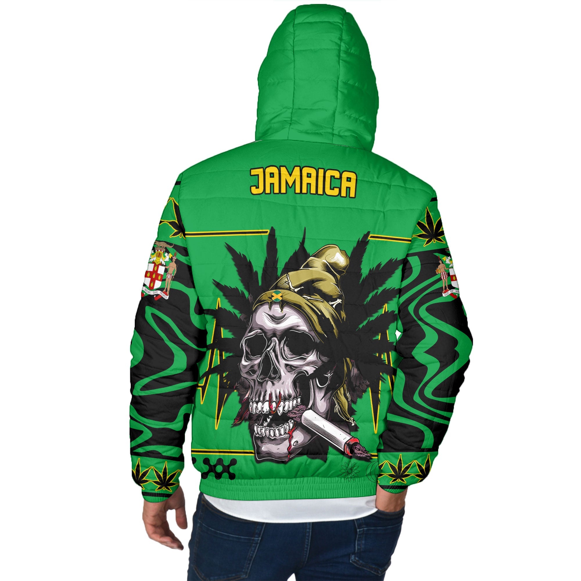 Jamaica Men Hooded Padded Jacket Flag & Coat Of Arms Marijuanas Style