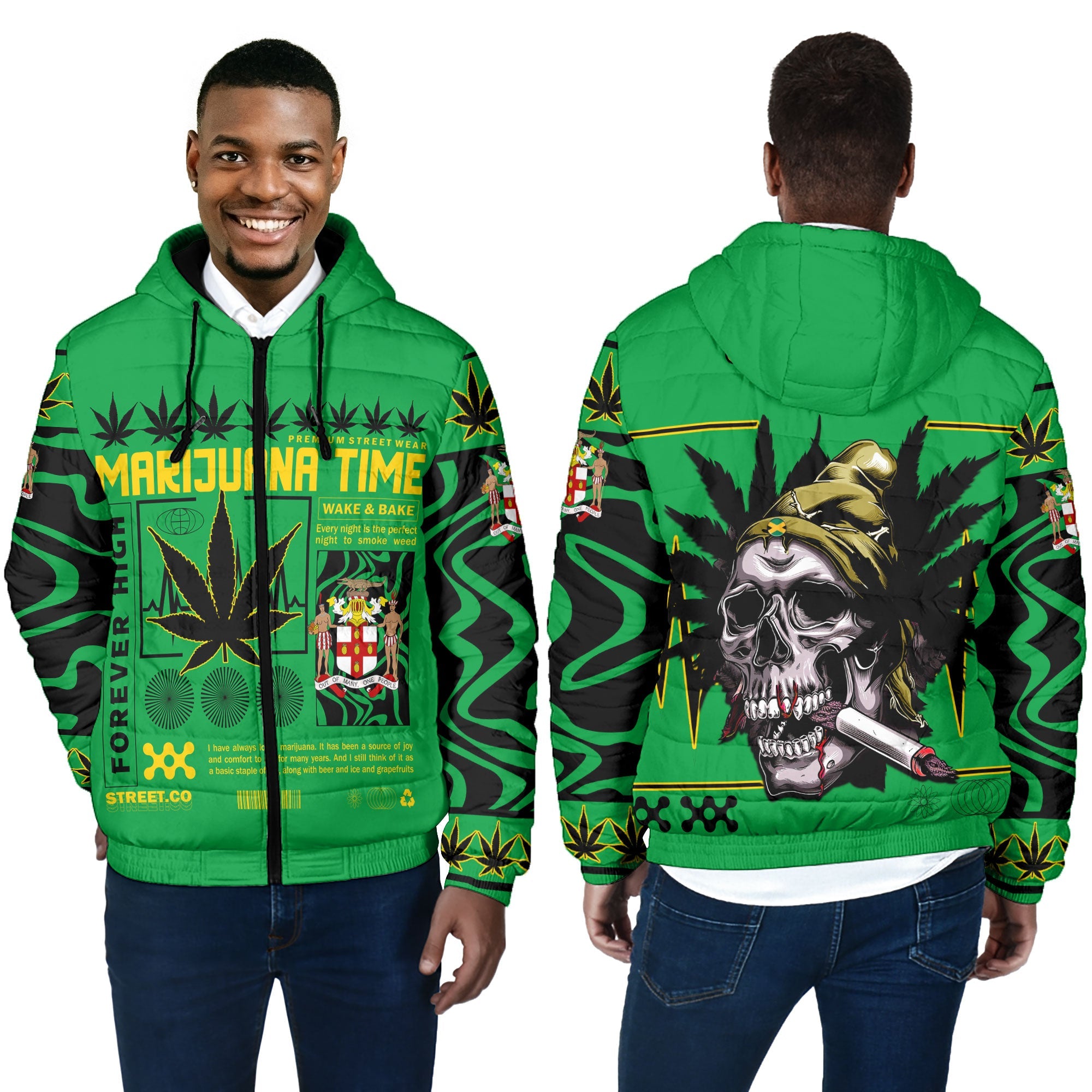 Jamaica Men Hooded Padded Jacket Flag & Coat Of Arms Marijuanas Style