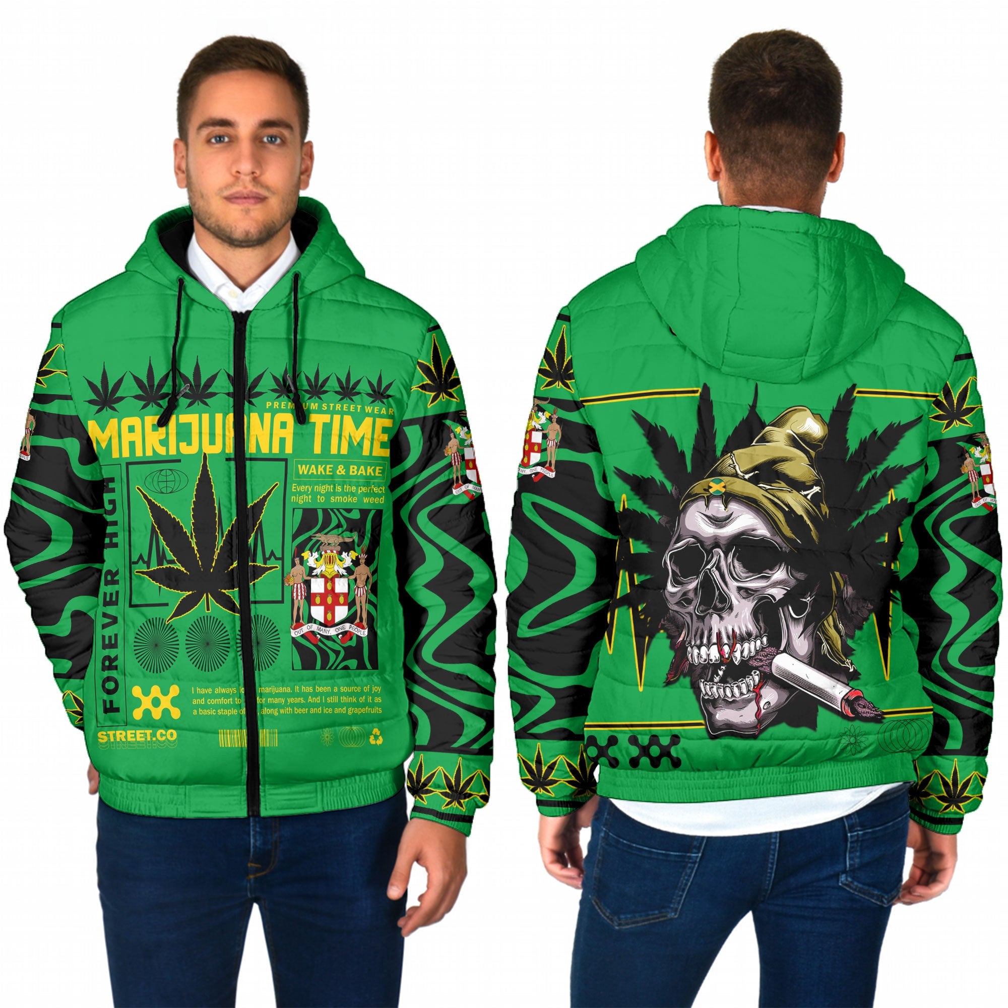 Jamaica Men Hooded Padded Jacket Flag & Coat Of Arms Marijuanas Style