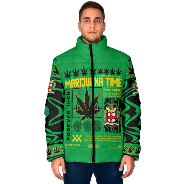 Jamaica Men Padded Jacket Flag & Coat Of Arms Marijuanas Style