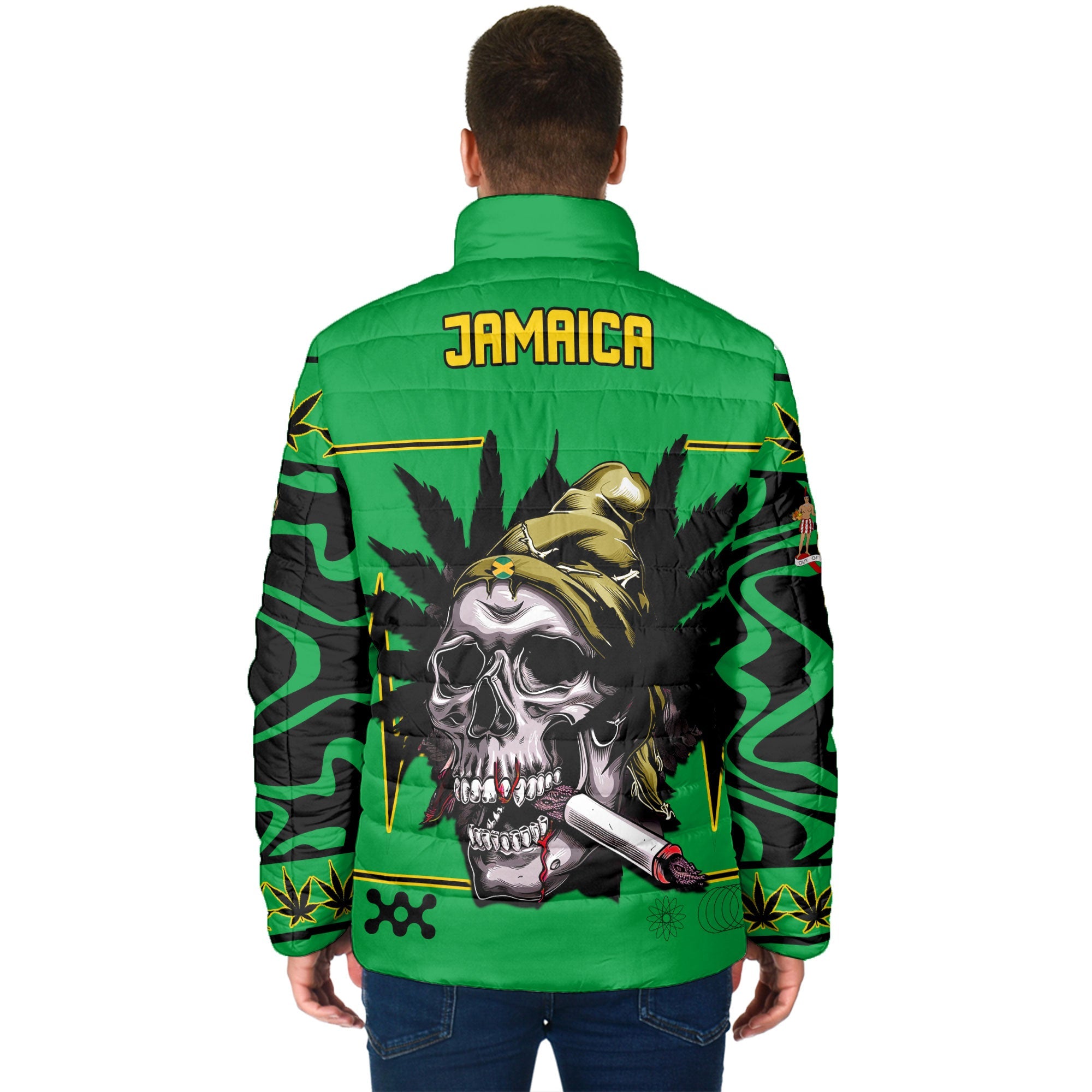 Jamaica Men Padded Jacket Flag & Coat Of Arms Marijuanas Style