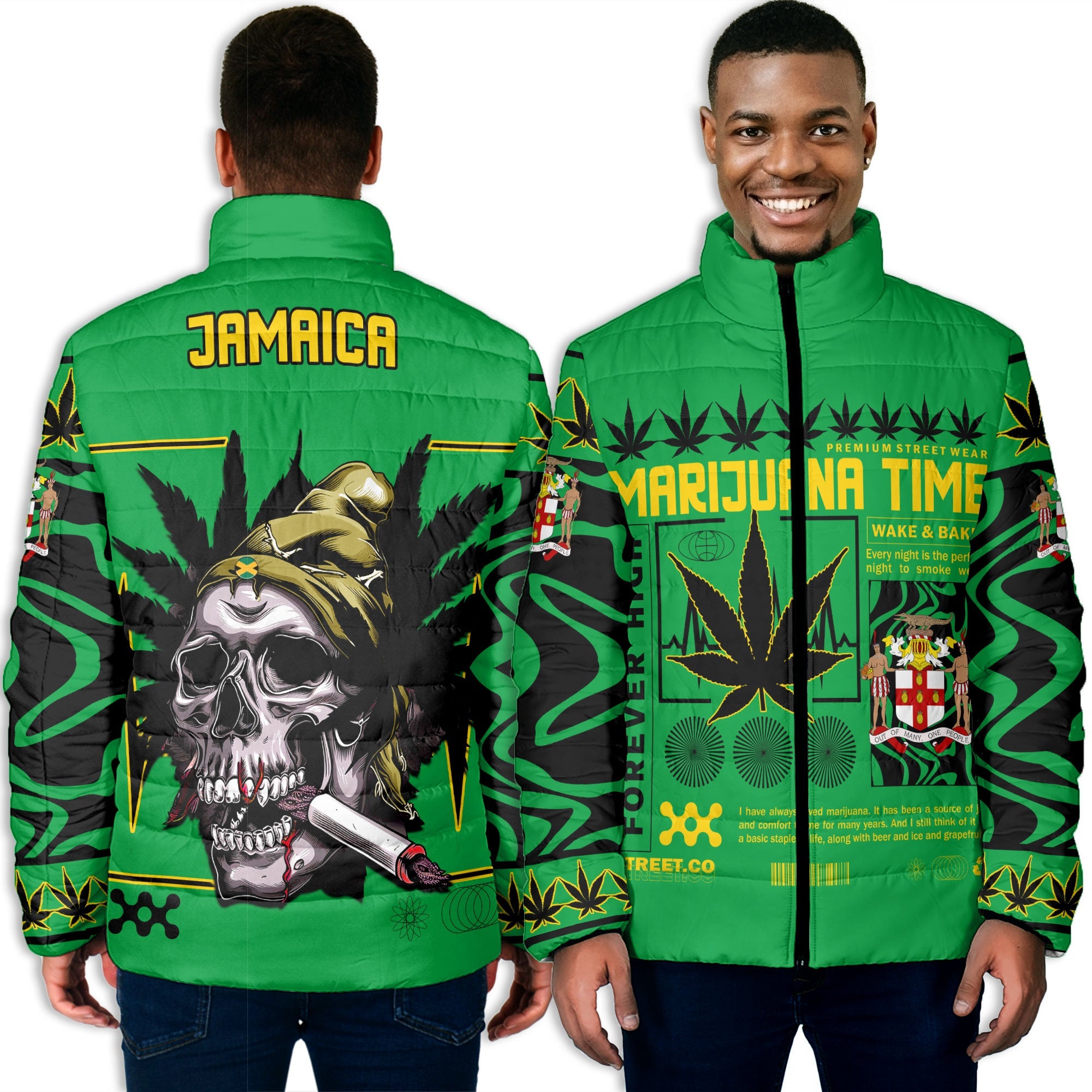 Jamaica Men Padded Jacket Flag & Coat Of Arms Marijuanas Style