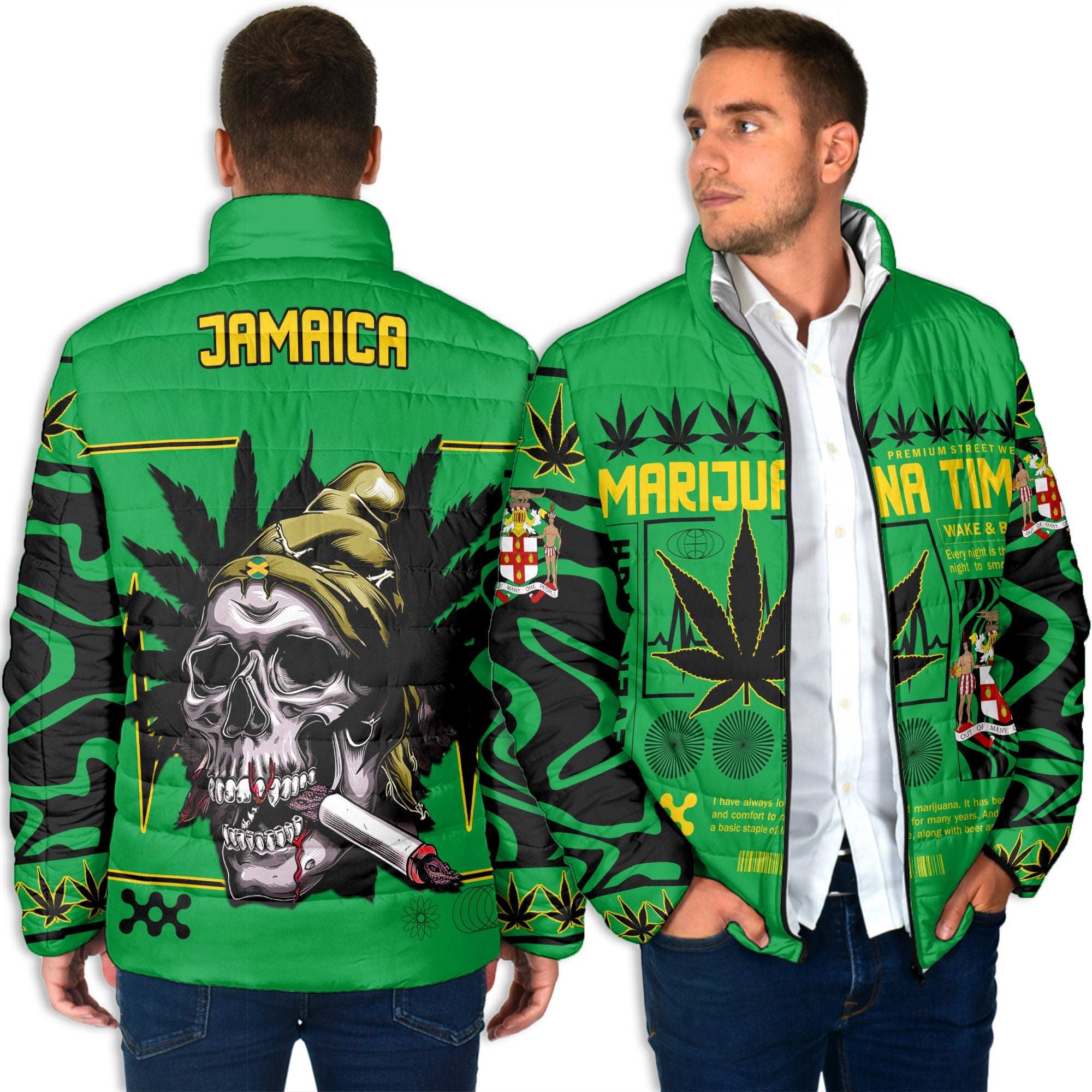 Jamaica Men Padded Jacket Flag & Coat Of Arms Marijuanas Style