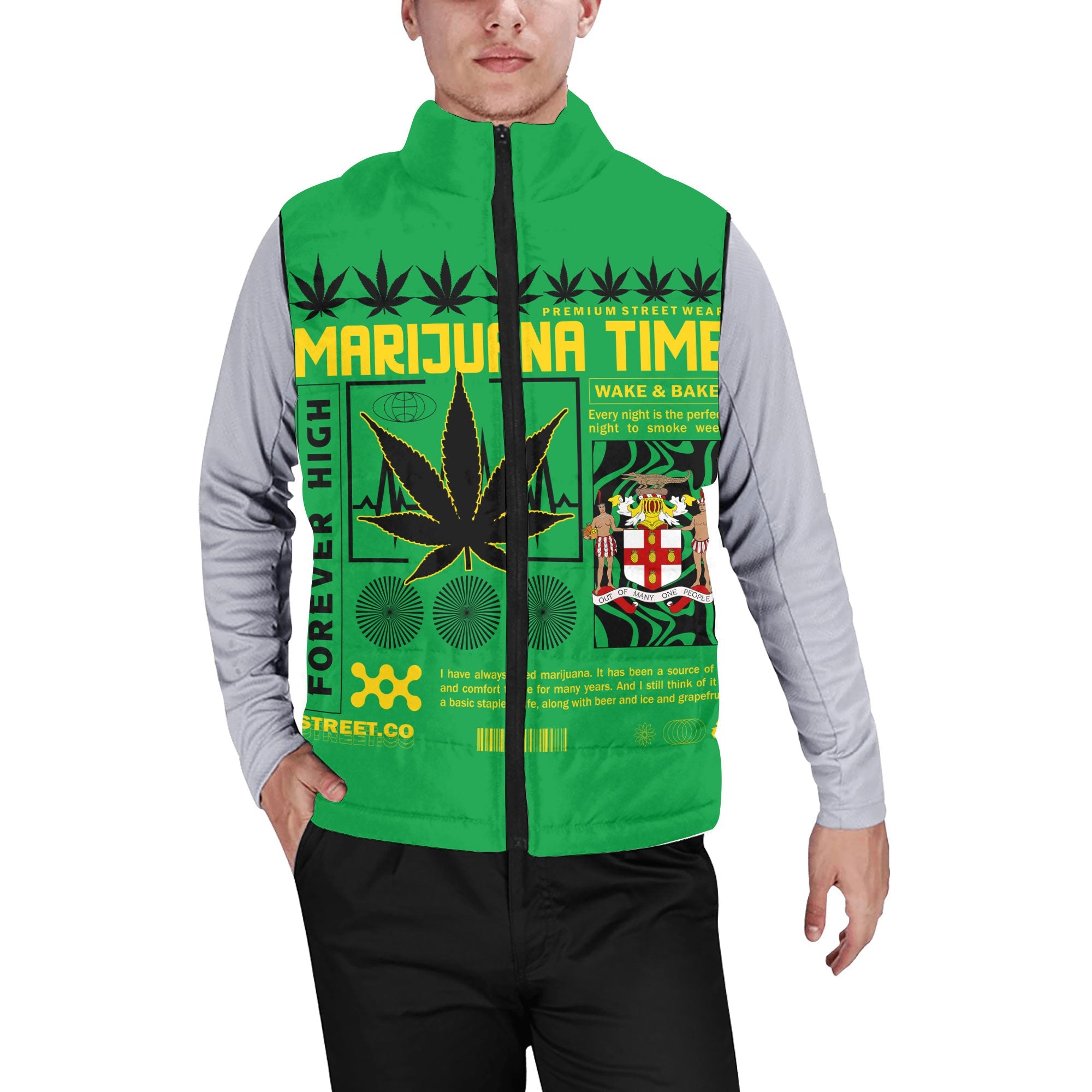 Jamaica Men Padded Jacket Vest Flag & Coat Of Arms Marijuanas Style