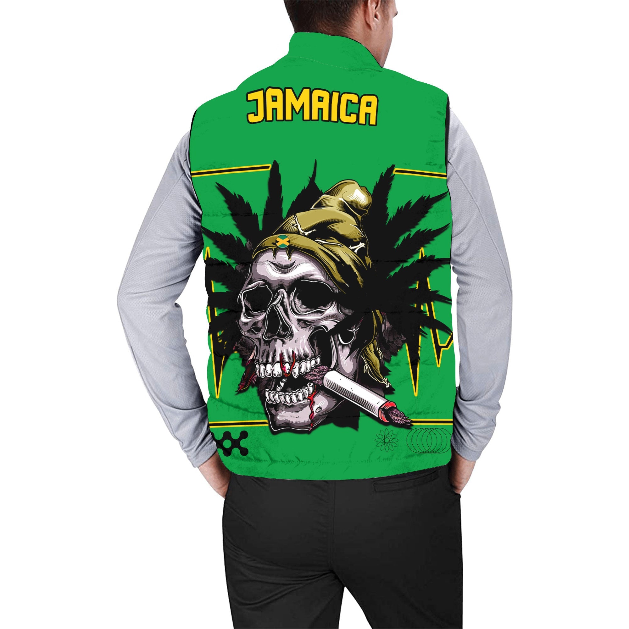 Jamaica Men Padded Jacket Vest Flag & Coat Of Arms Marijuanas Style