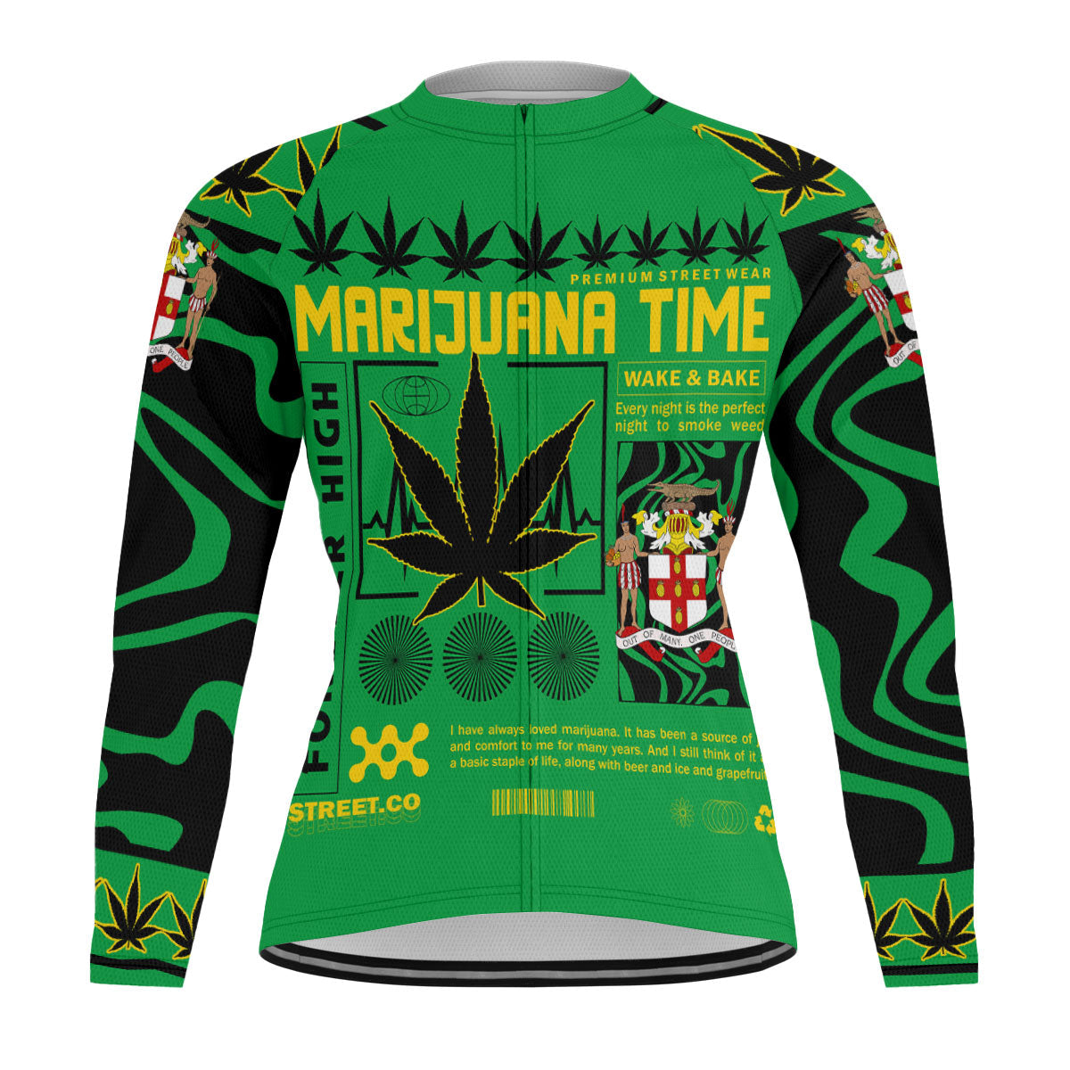 Jamaica Men's Cycling Jersey Long Sleeve Flag & Coat Of Arms Marijuanas Style