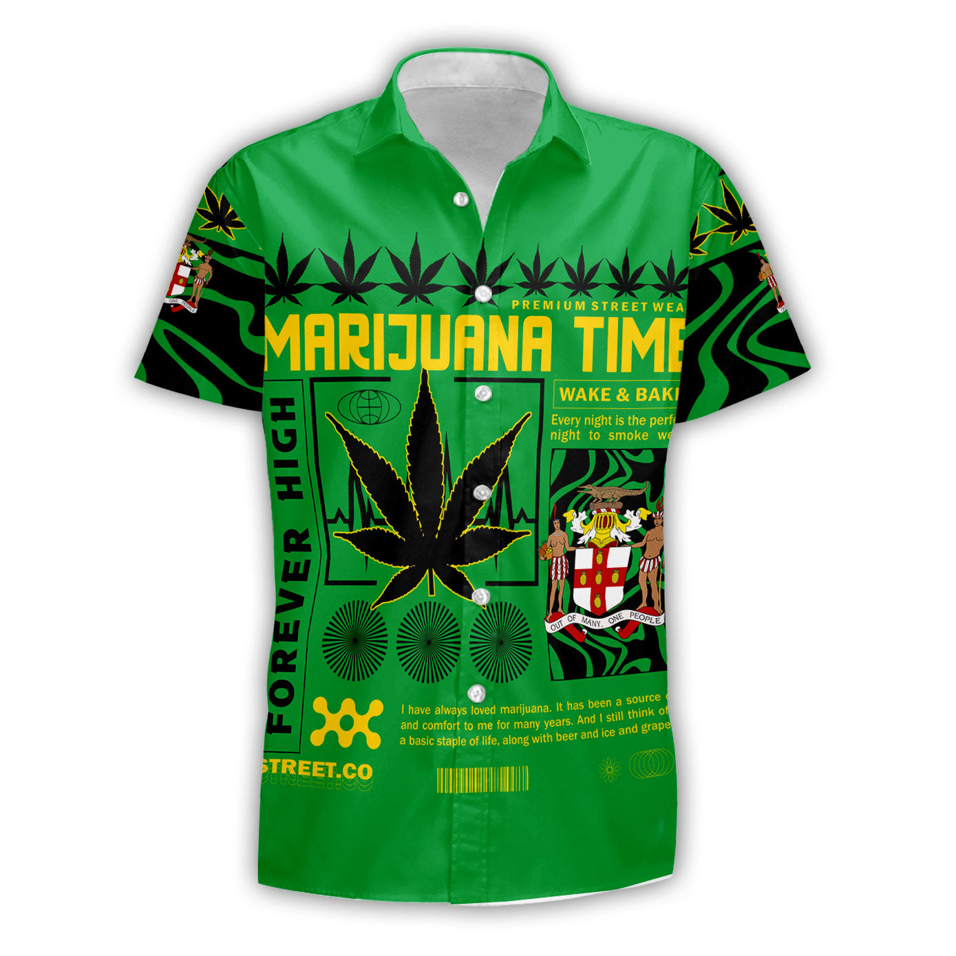 Jamaica Short Sleeve Shirt Flag & Coat Of Arms Marijuanas Style