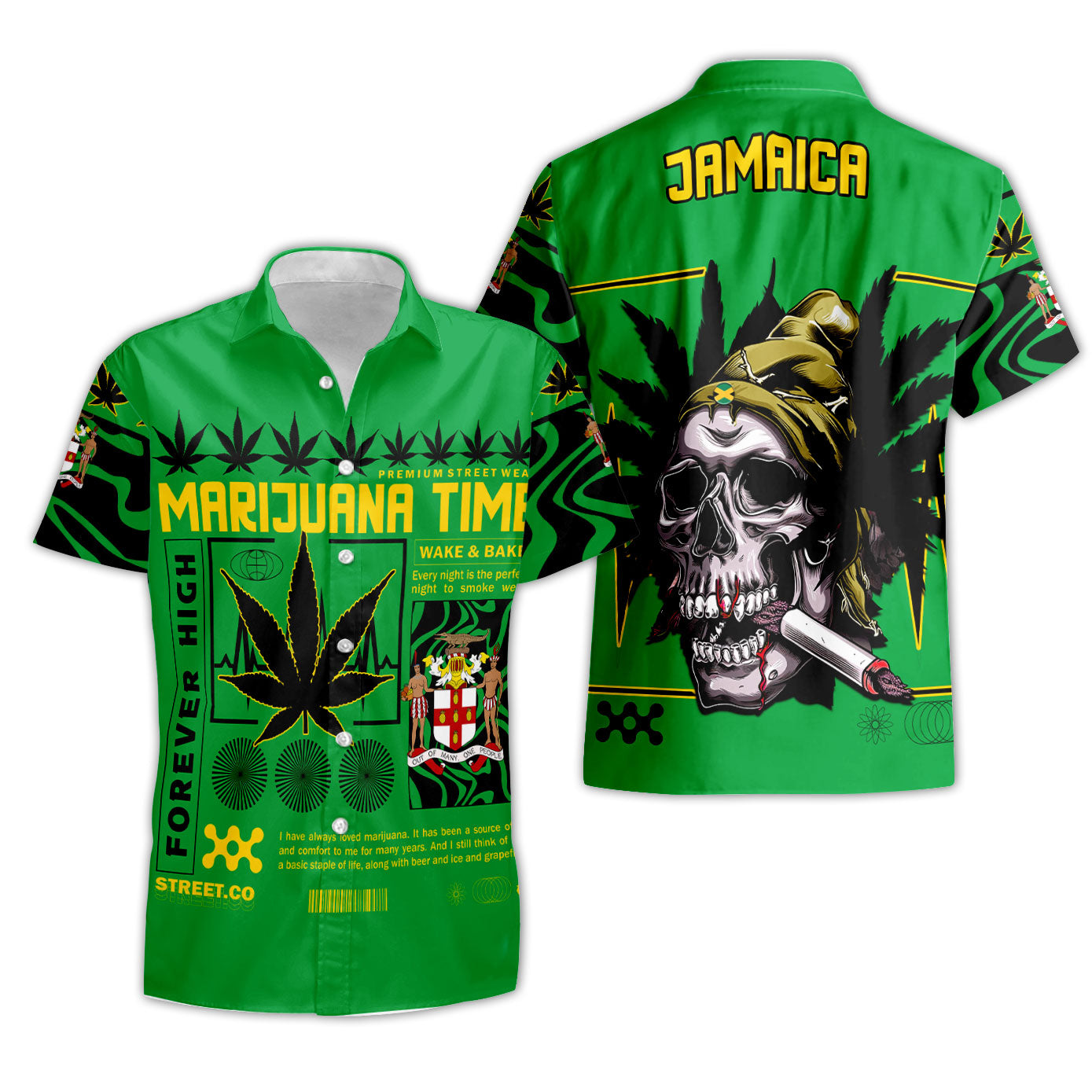 Jamaica Short Sleeve Shirt Flag & Coat Of Arms Marijuanas Style