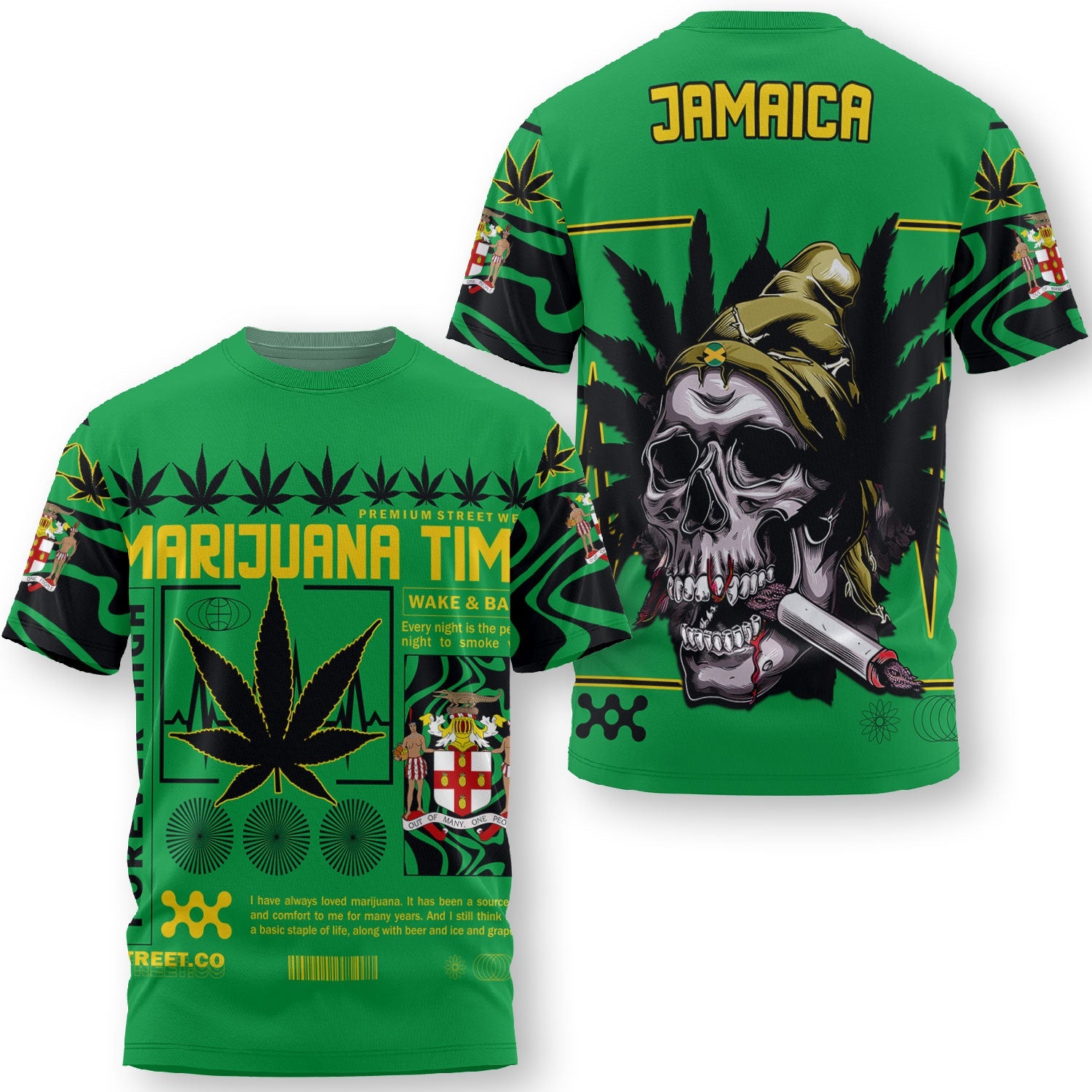 Jamaica T Shirt Flag & Coat Of Arms Marijuanas Style