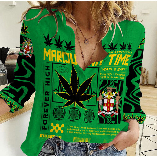 Jamaica Women Casual Shirt Flag & Coat Of Arms Marijuanas Style