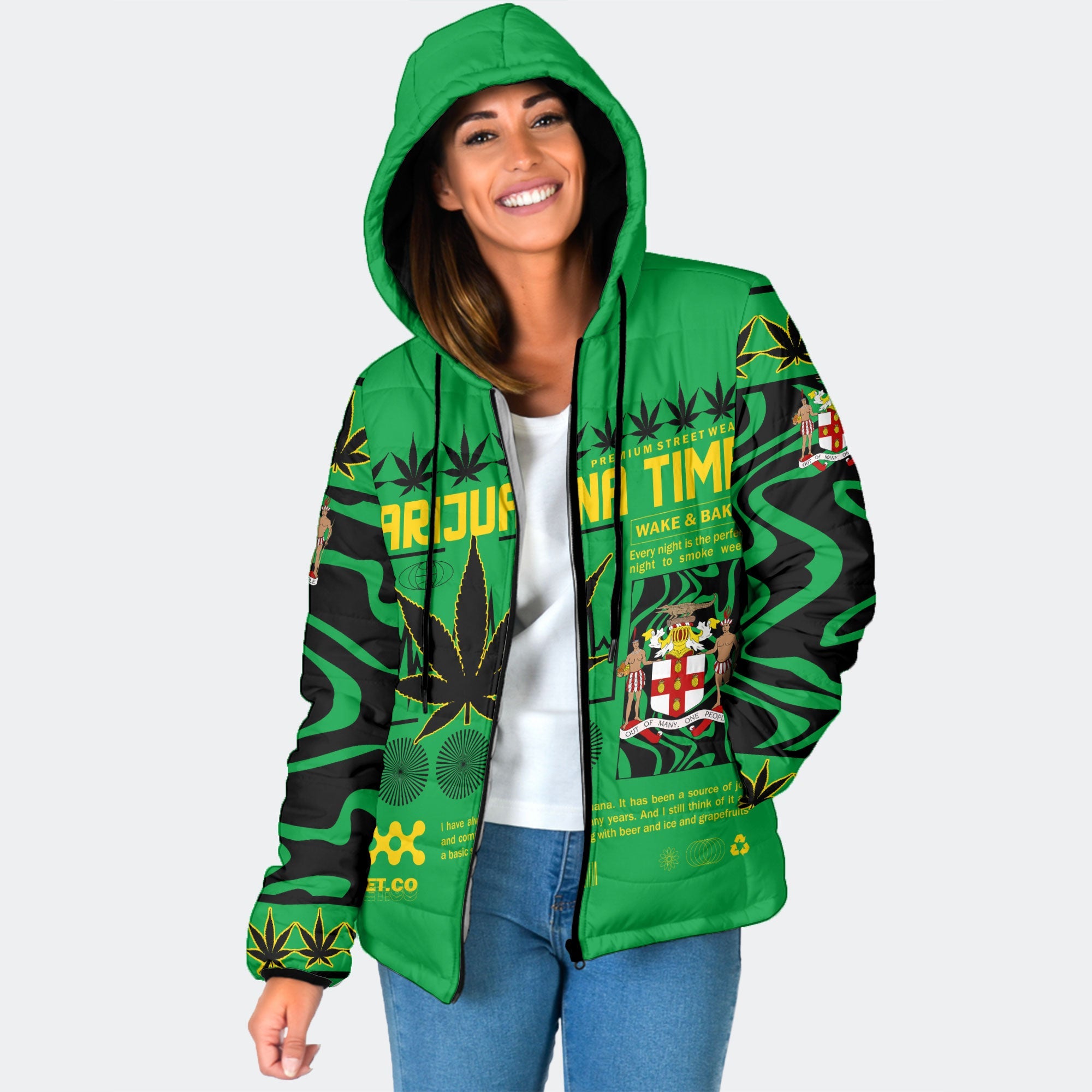 Jamaica Women Hooded Padded Jacket Flag & Coat Of Arms Marijuanas Style