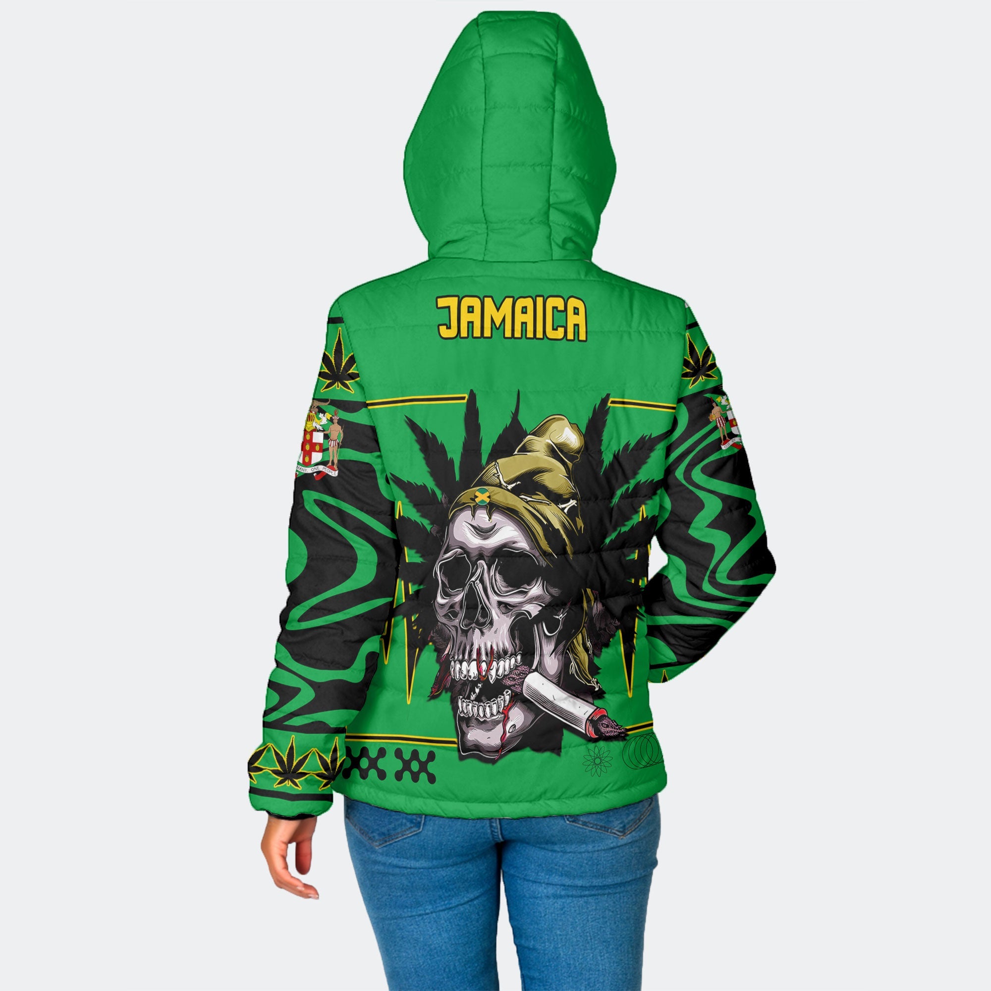 Jamaica Women Hooded Padded Jacket Flag & Coat Of Arms Marijuanas Style