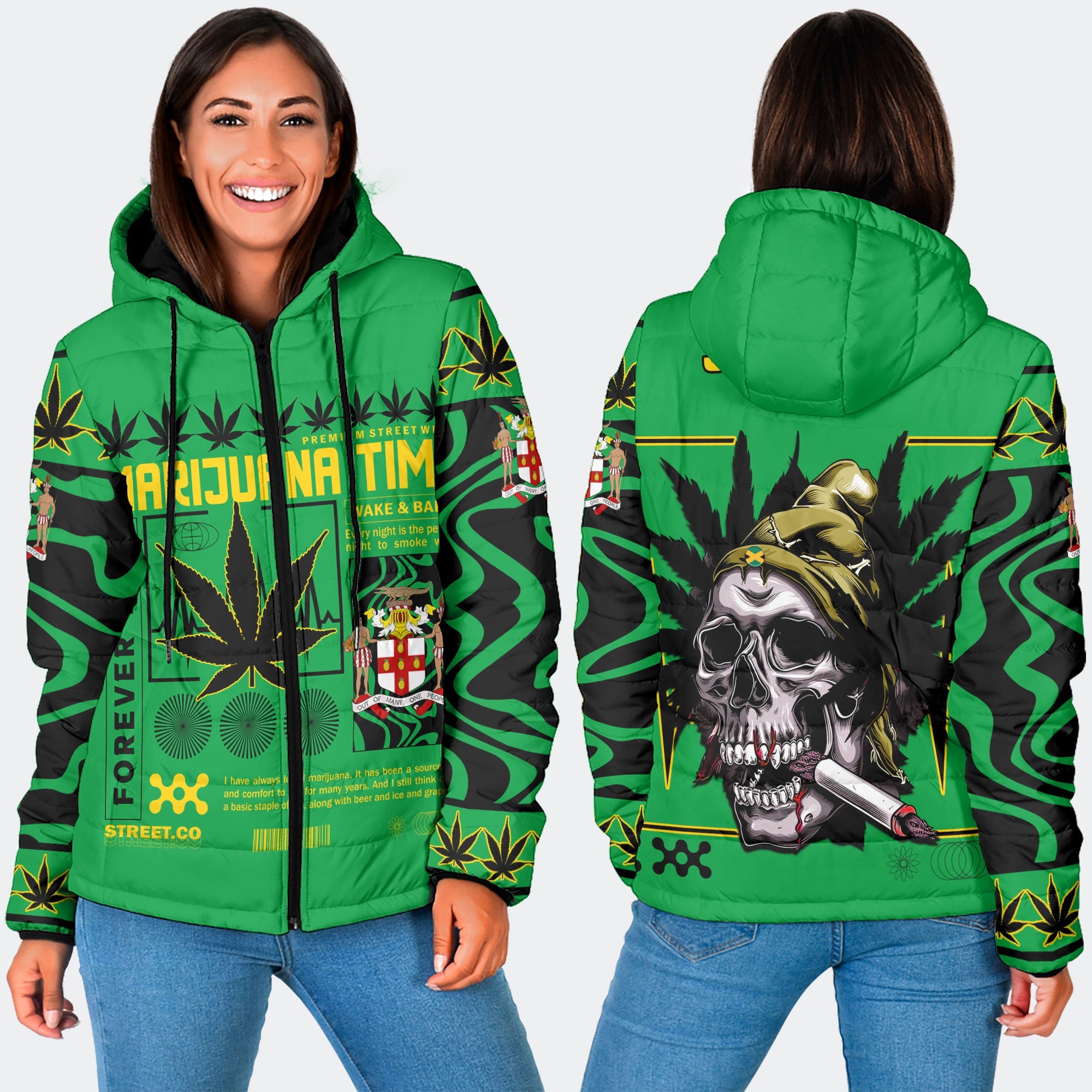 Jamaica Women Hooded Padded Jacket Flag & Coat Of Arms Marijuanas Style