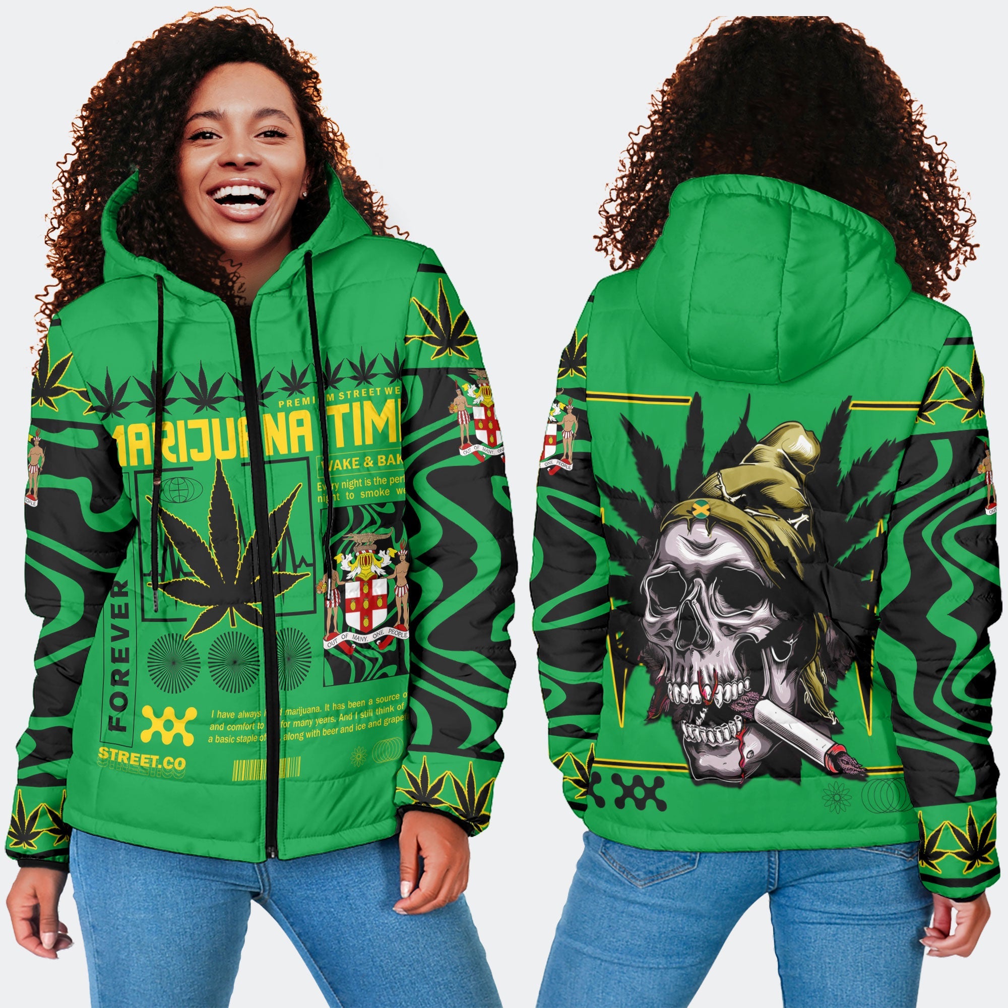 Jamaica Women Hooded Padded Jacket Flag & Coat Of Arms Marijuanas Style