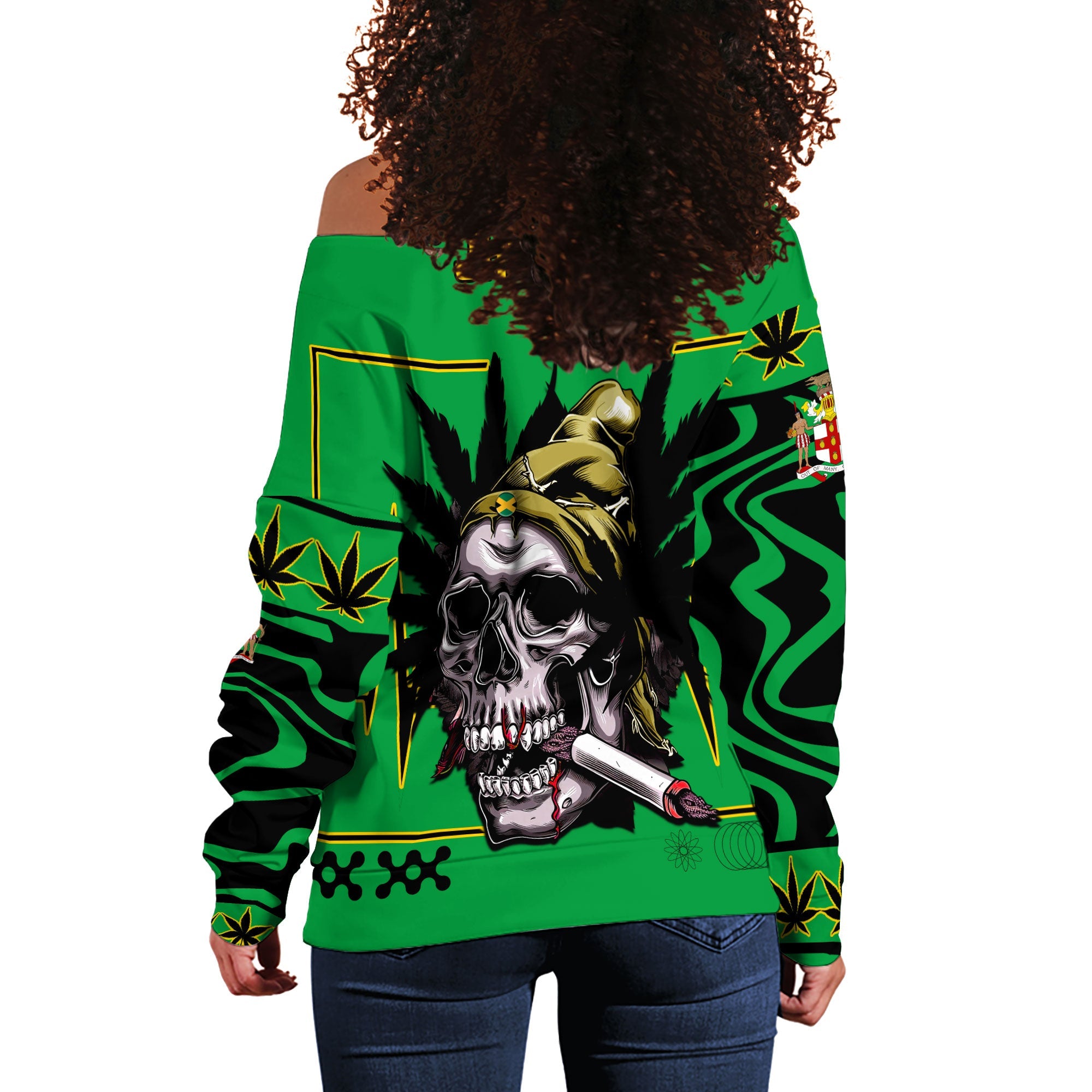 Jamaica Women Off Shoulder Sweatshirt Flag & Coat Of Arms Marijuanas Style