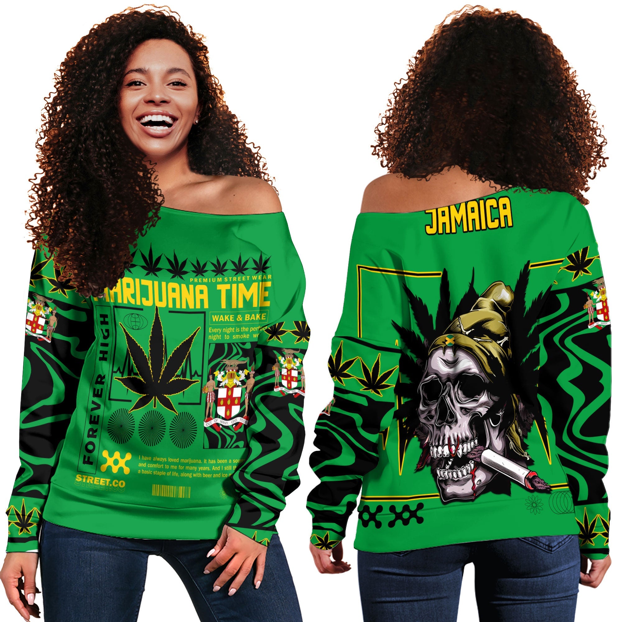 Jamaica Women Off Shoulder Sweatshirt Flag & Coat Of Arms Marijuanas Style