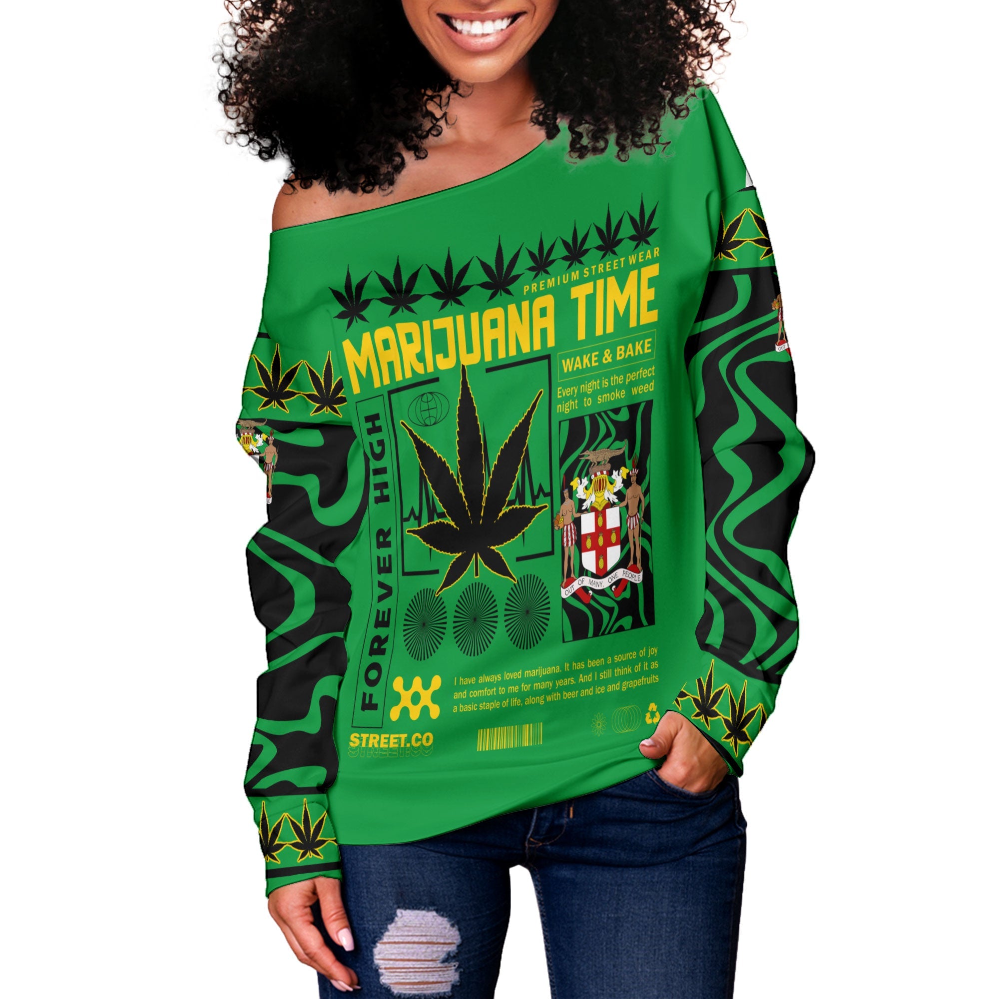 Jamaica Women Off Shoulder Sweatshirt Flag & Coat Of Arms Marijuanas Style