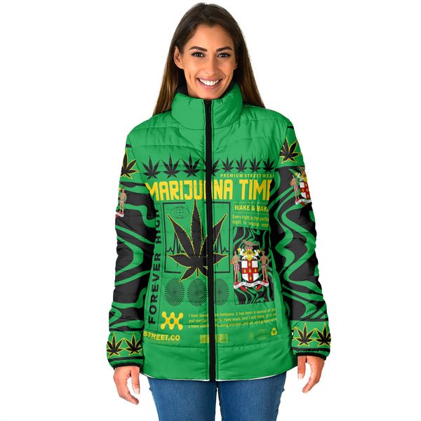 Jamaica Women Padded Jacket Flag & Coat Of Arms Marijuanas Style