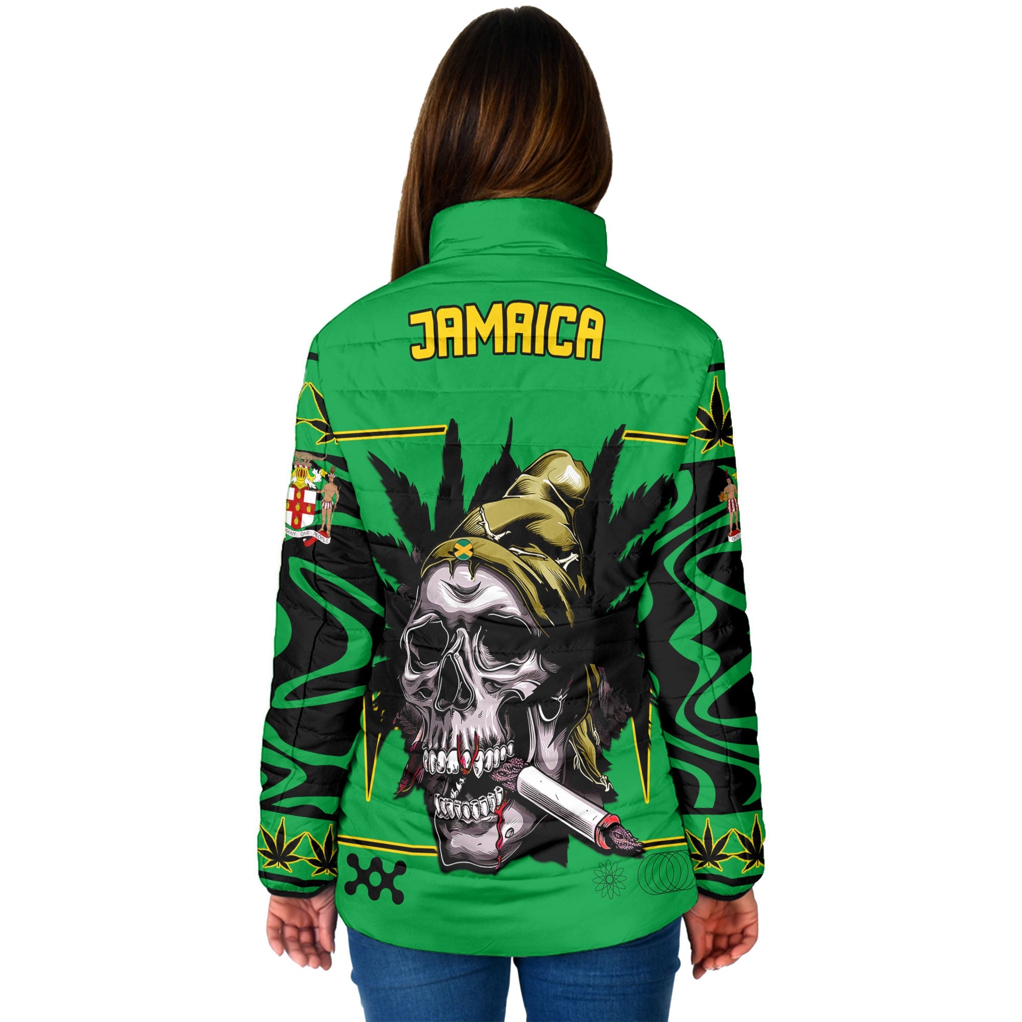 Jamaica Women Padded Jacket Flag & Coat Of Arms Marijuanas Style