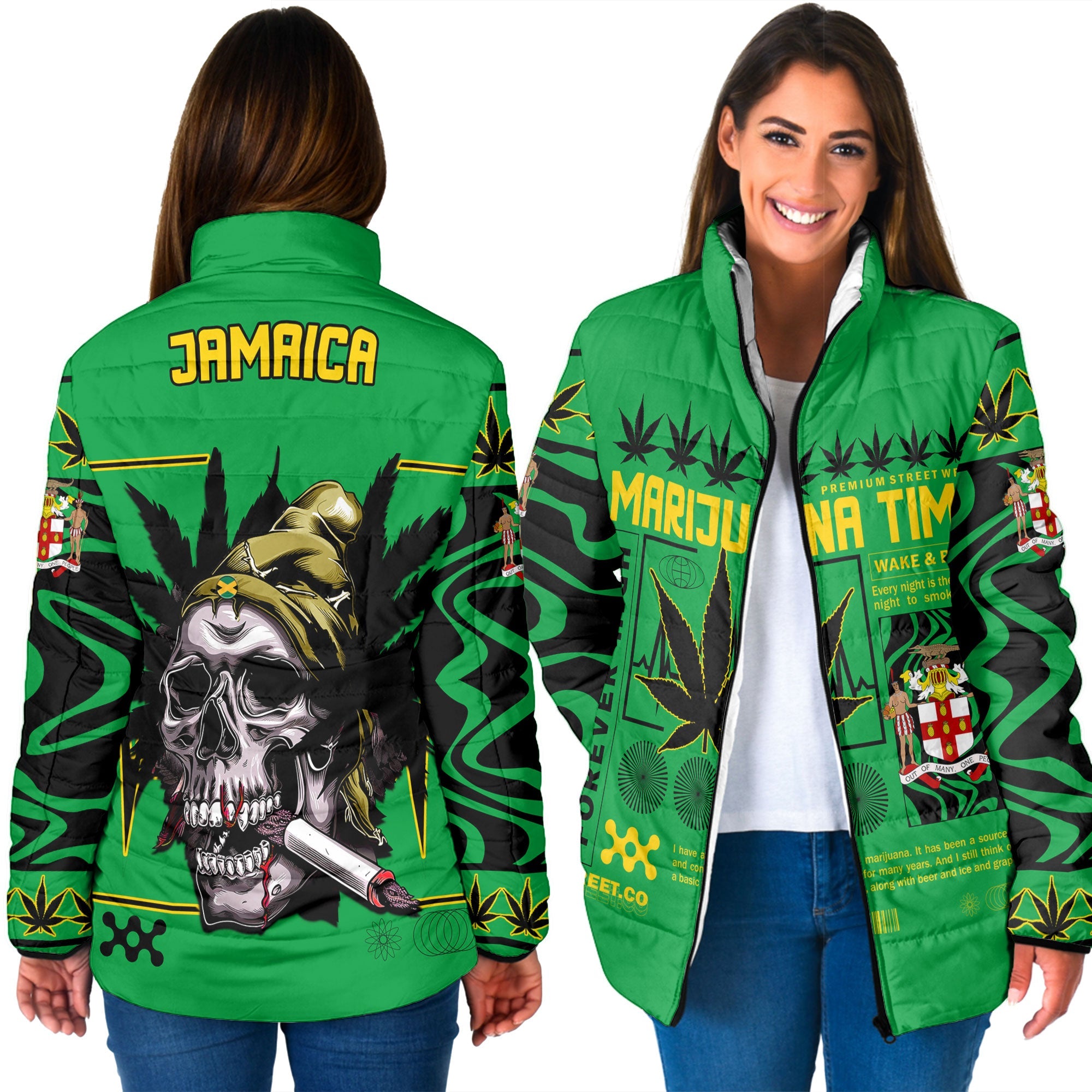 Jamaica Women Padded Jacket Flag & Coat Of Arms Marijuanas Style