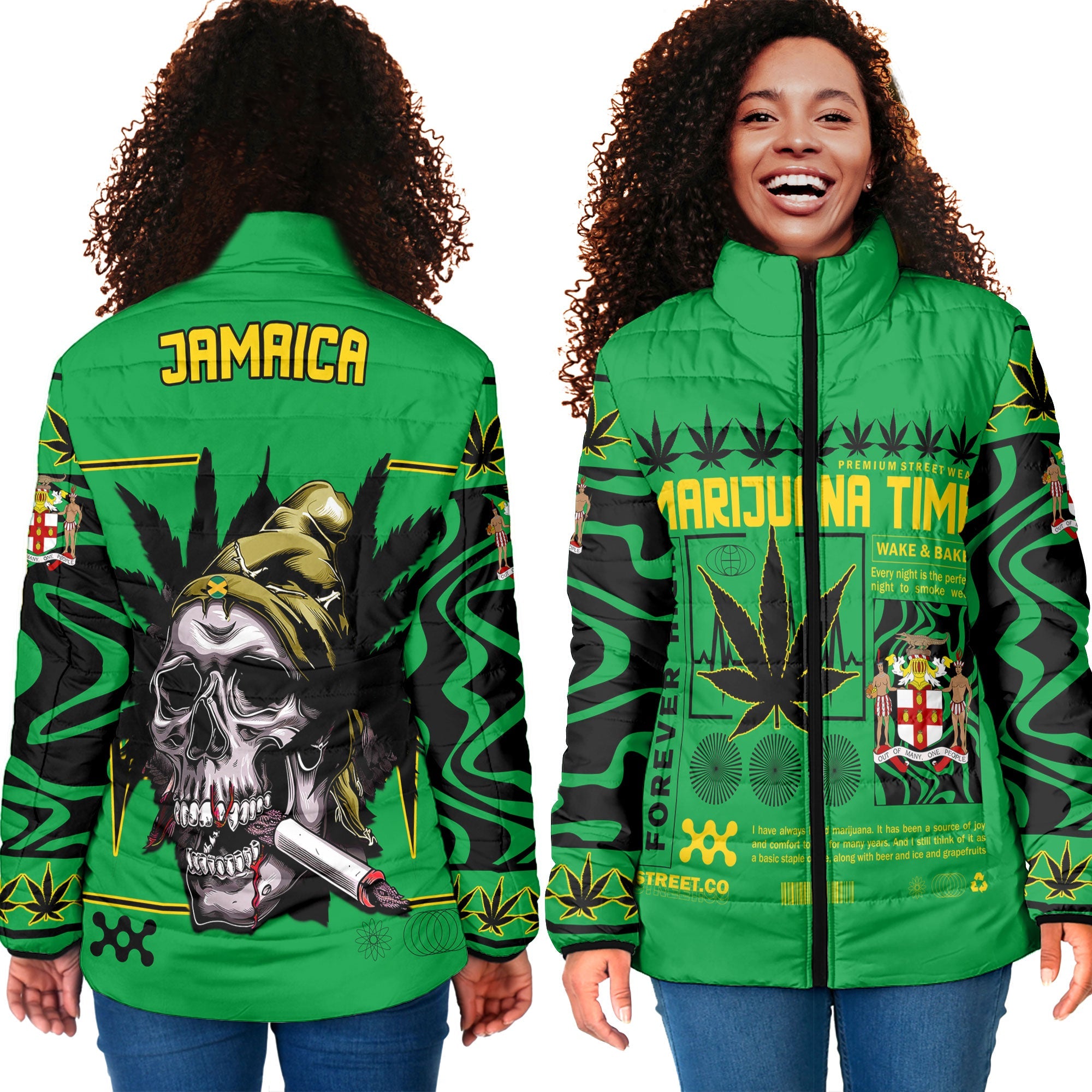 Jamaica Women Padded Jacket Flag & Coat Of Arms Marijuanas Style