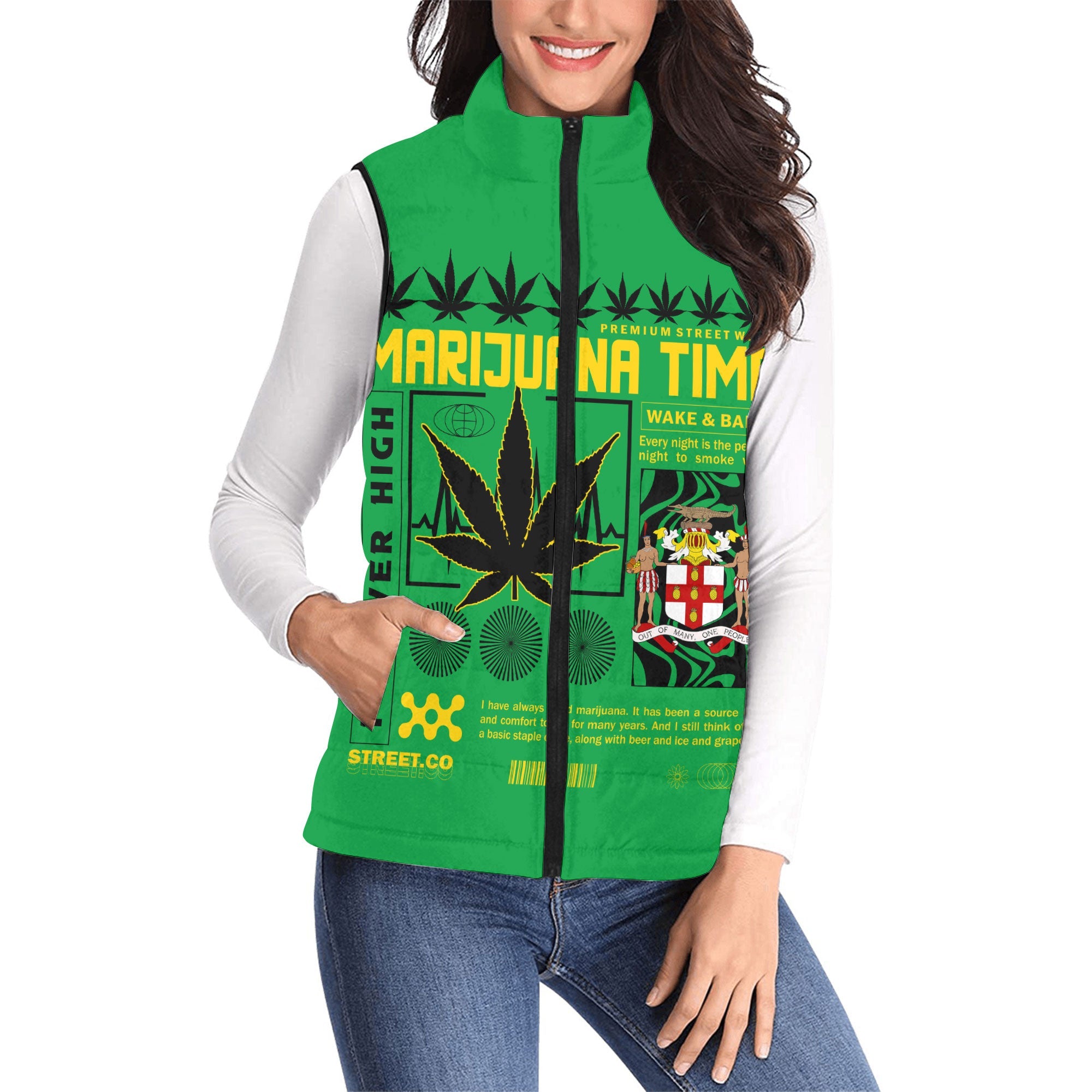 Jamaica Women Padded Jacket Vest Flag & Coat Of Arms Marijuanas Style