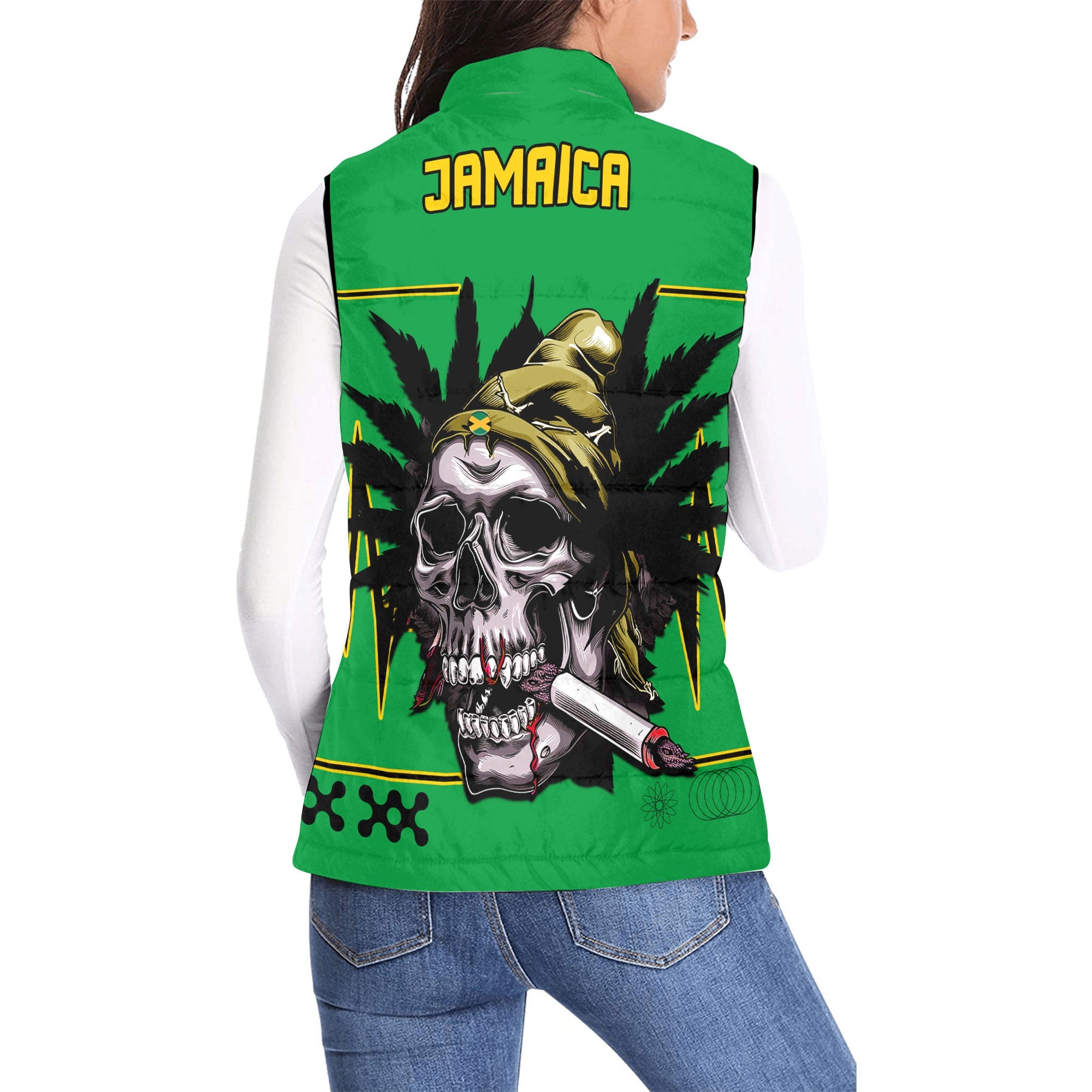 Jamaica Women Padded Jacket Vest Flag & Coat Of Arms Marijuanas Style