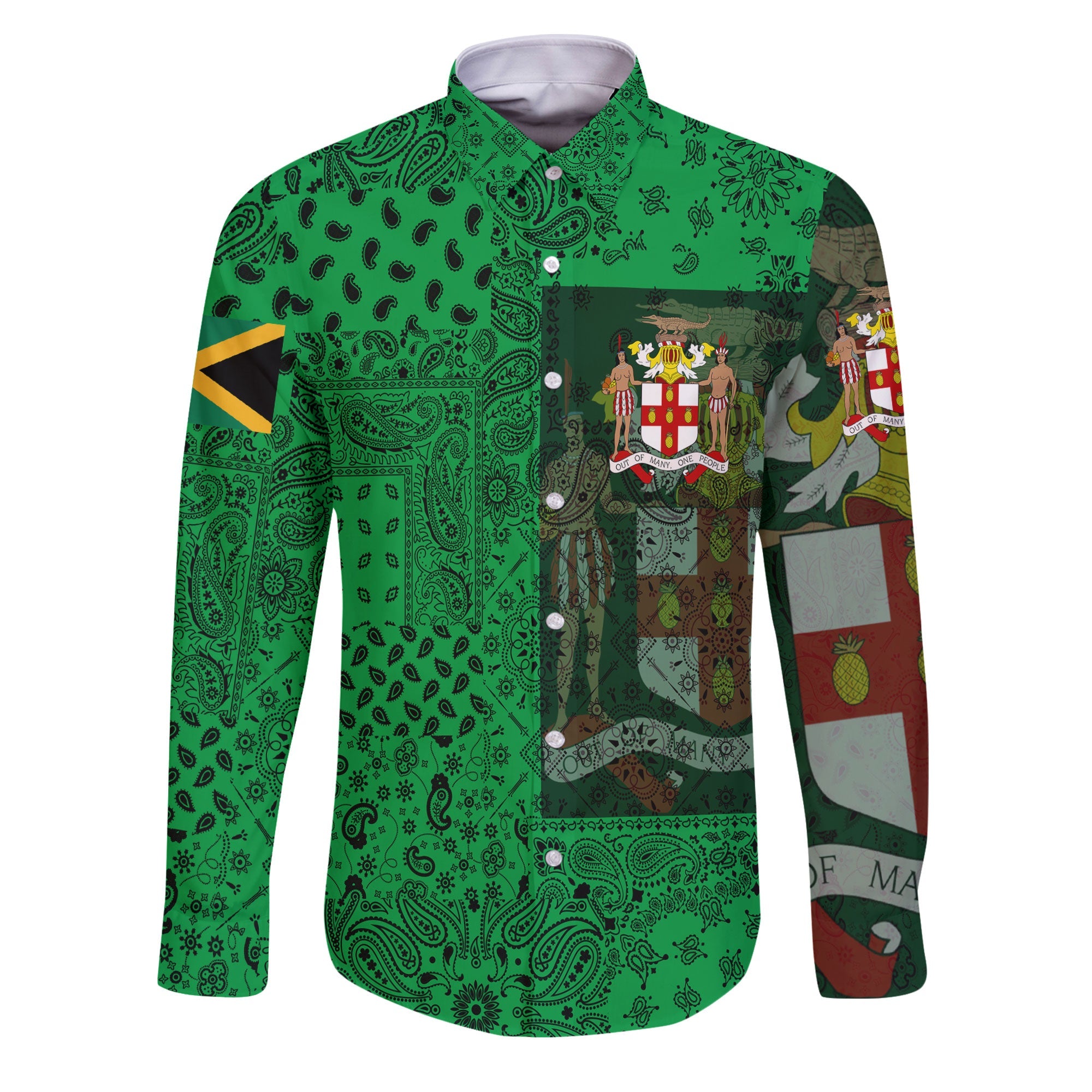 Jamaica Long Sleeve Button Shirt Paisley Flag And Skull Style 1