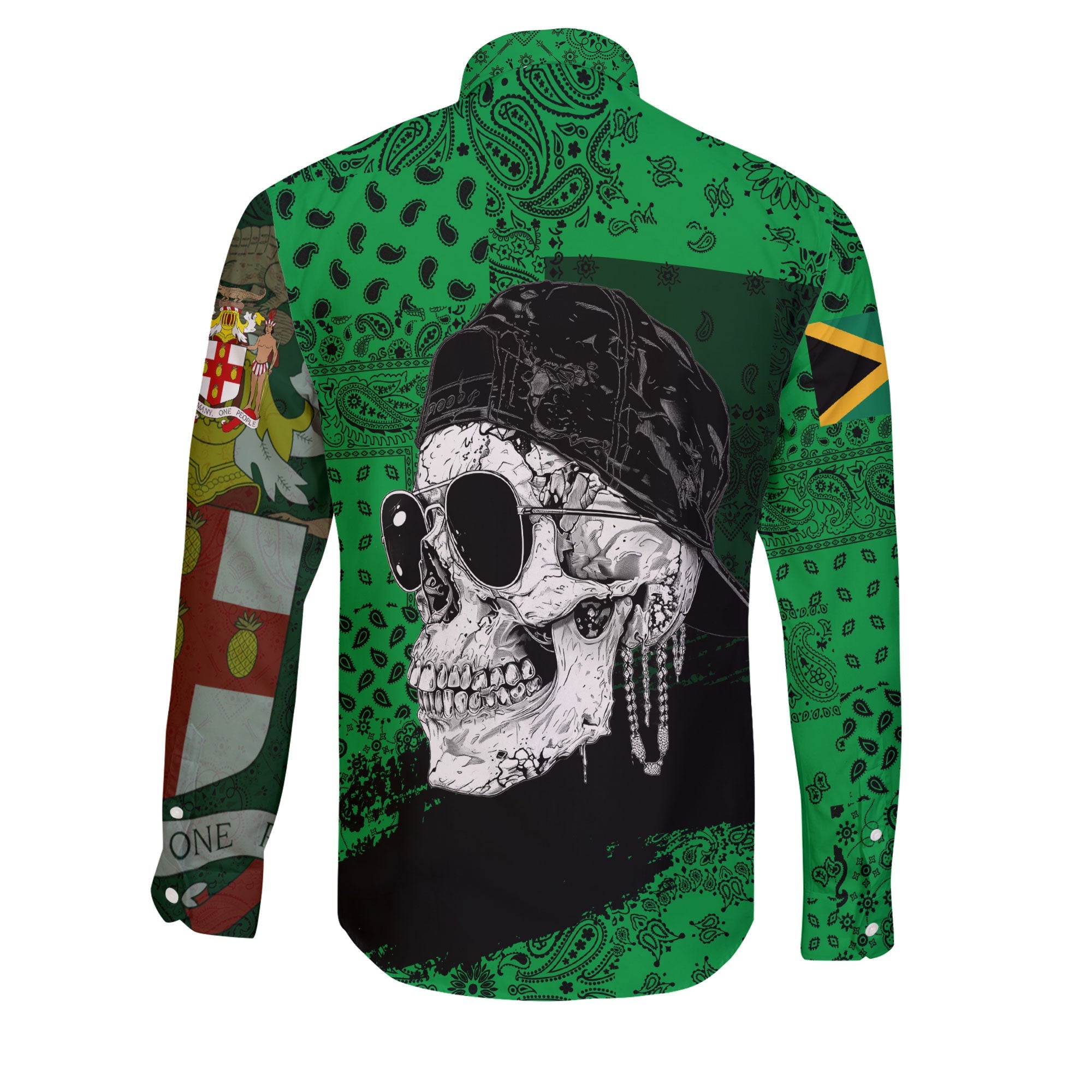 Jamaica Long Sleeve Button Shirt Paisley Flag And Skull Style 2