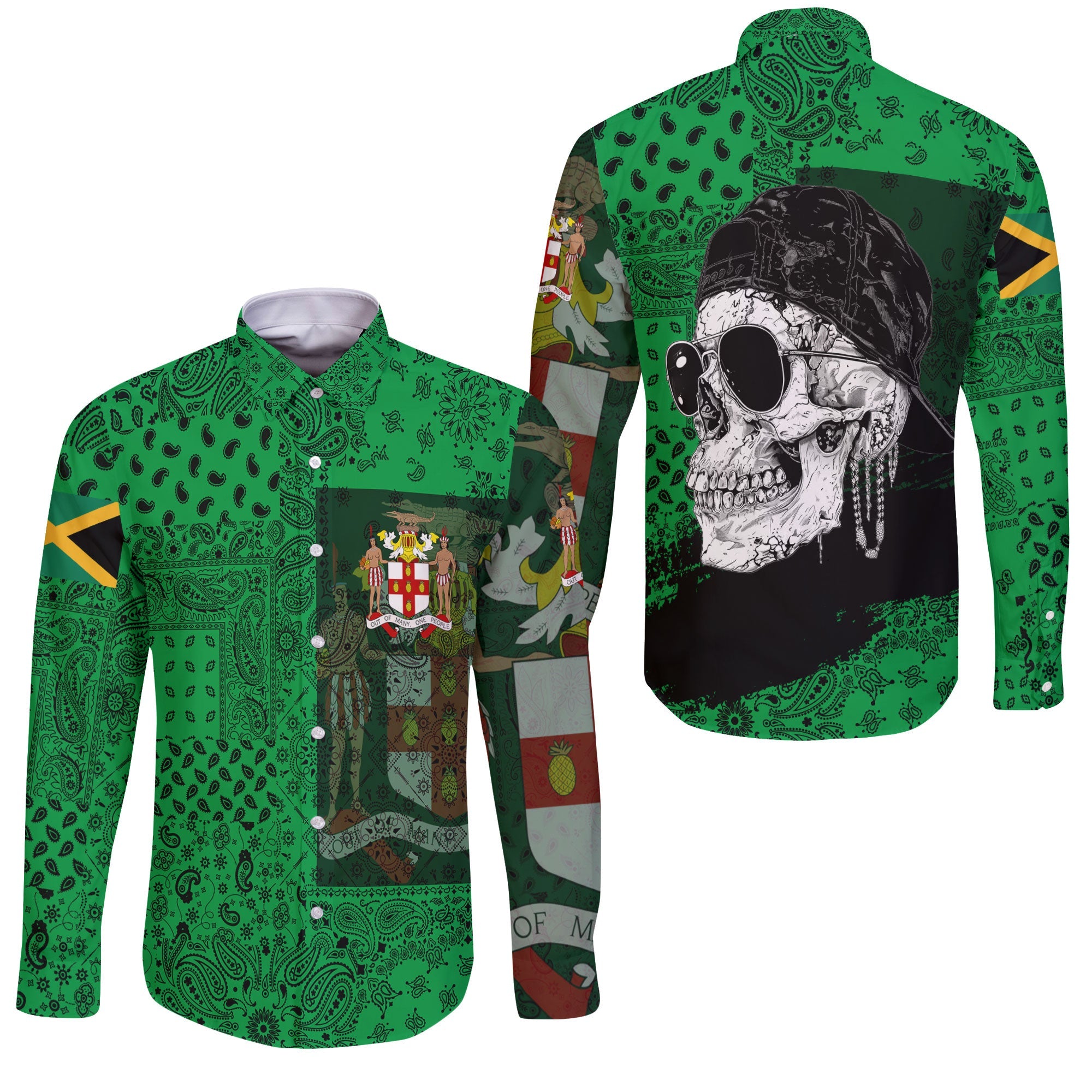 Jamaica Long Sleeve Button Shirt Paisley Flag And Skull Style 3