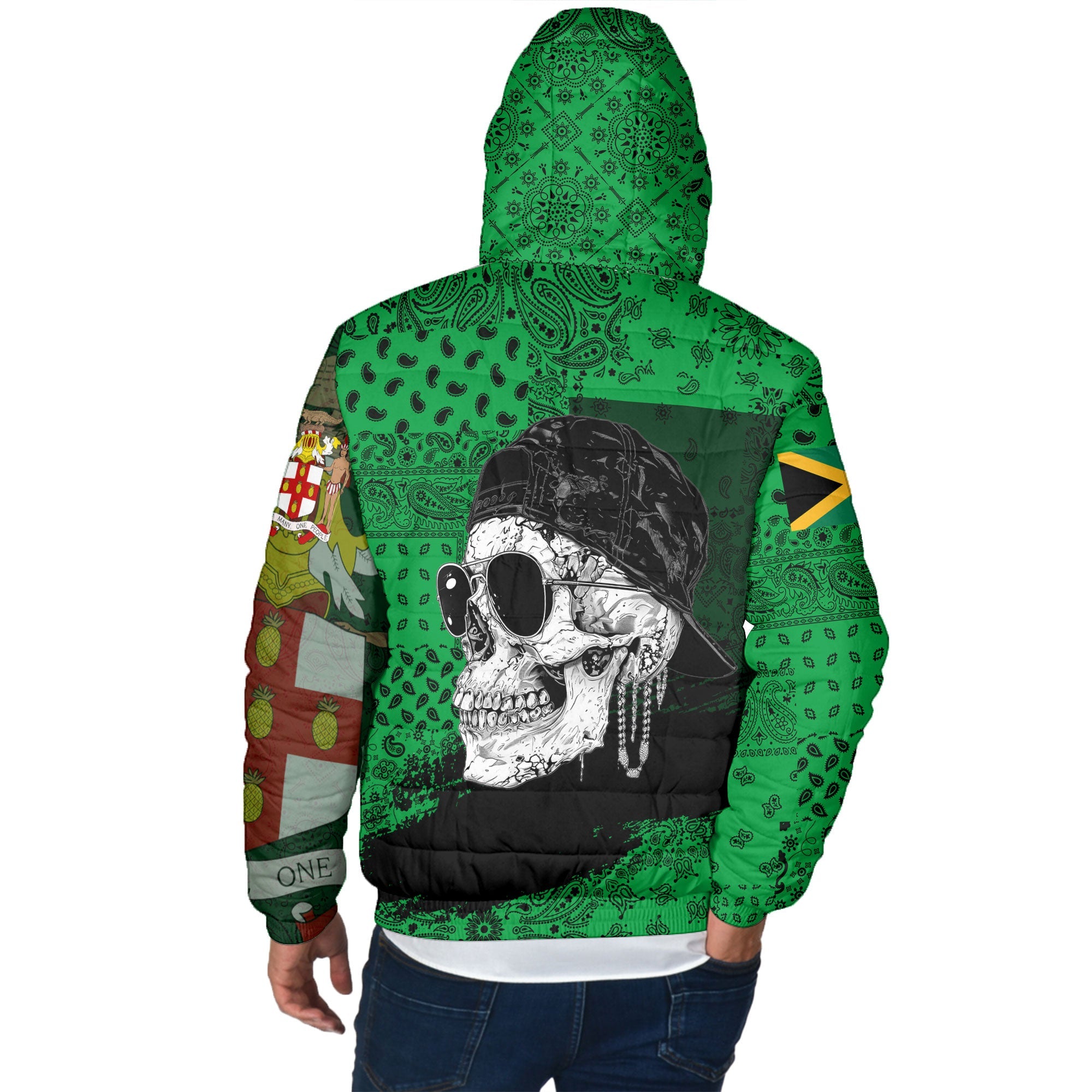 Jamaica Men Hooded Padded Jacket Paisley Flag And Skull Style 3