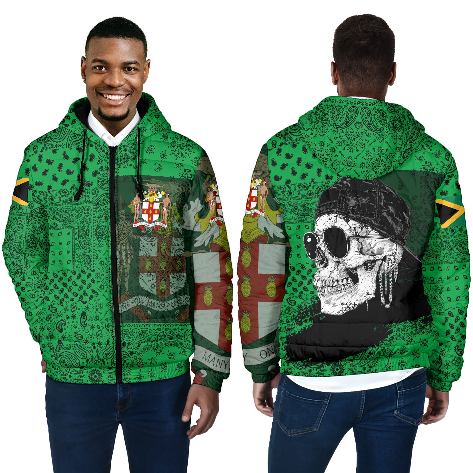 Jamaica Men Hooded Padded Jacket Paisley Flag And Skull Style 4