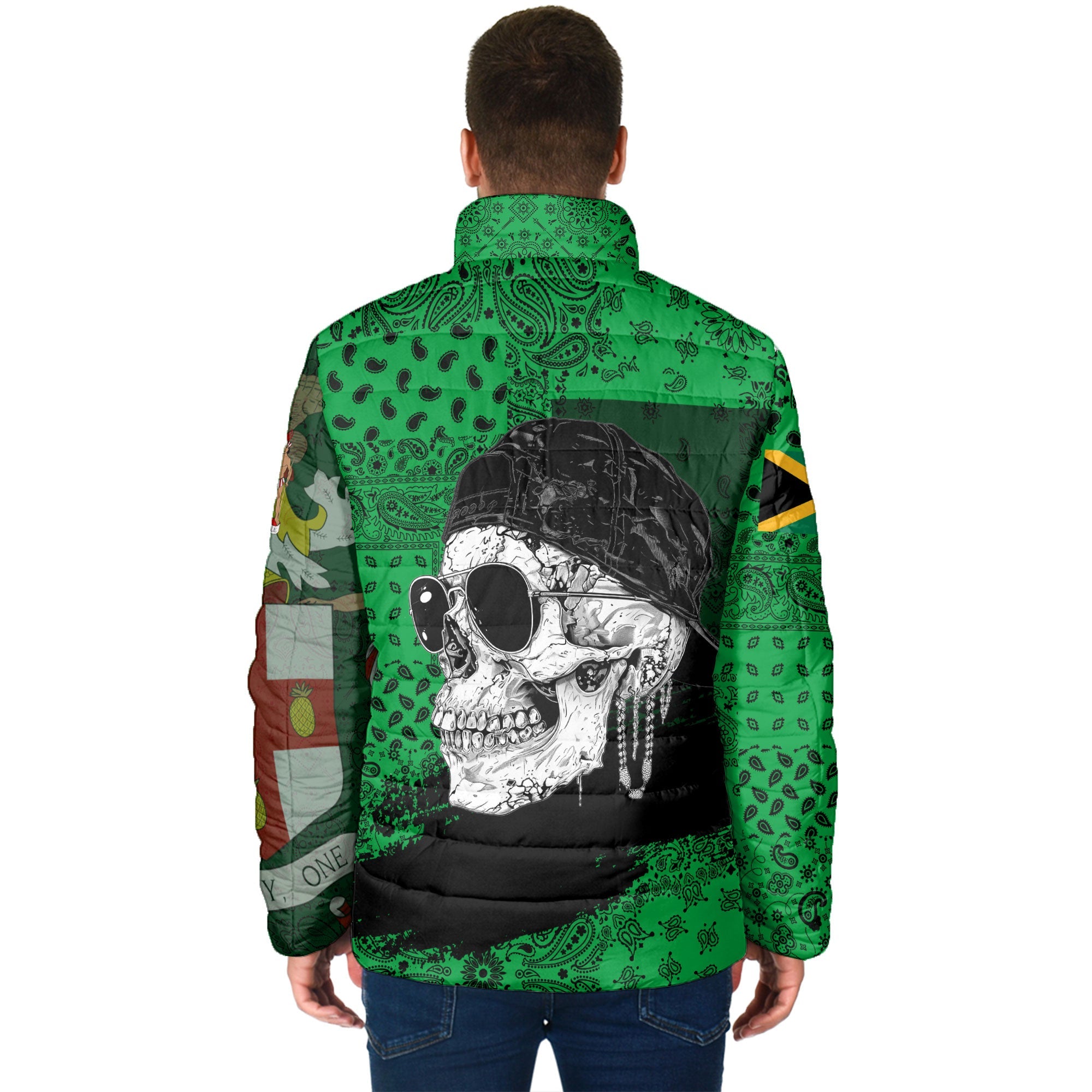 Jamaica Men Padded Jacket Paisley Flag And Skull Style 2