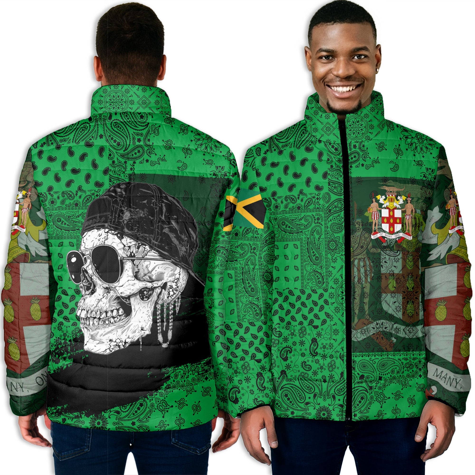 Jamaica Men Padded Jacket Paisley Flag And Skull Style 3