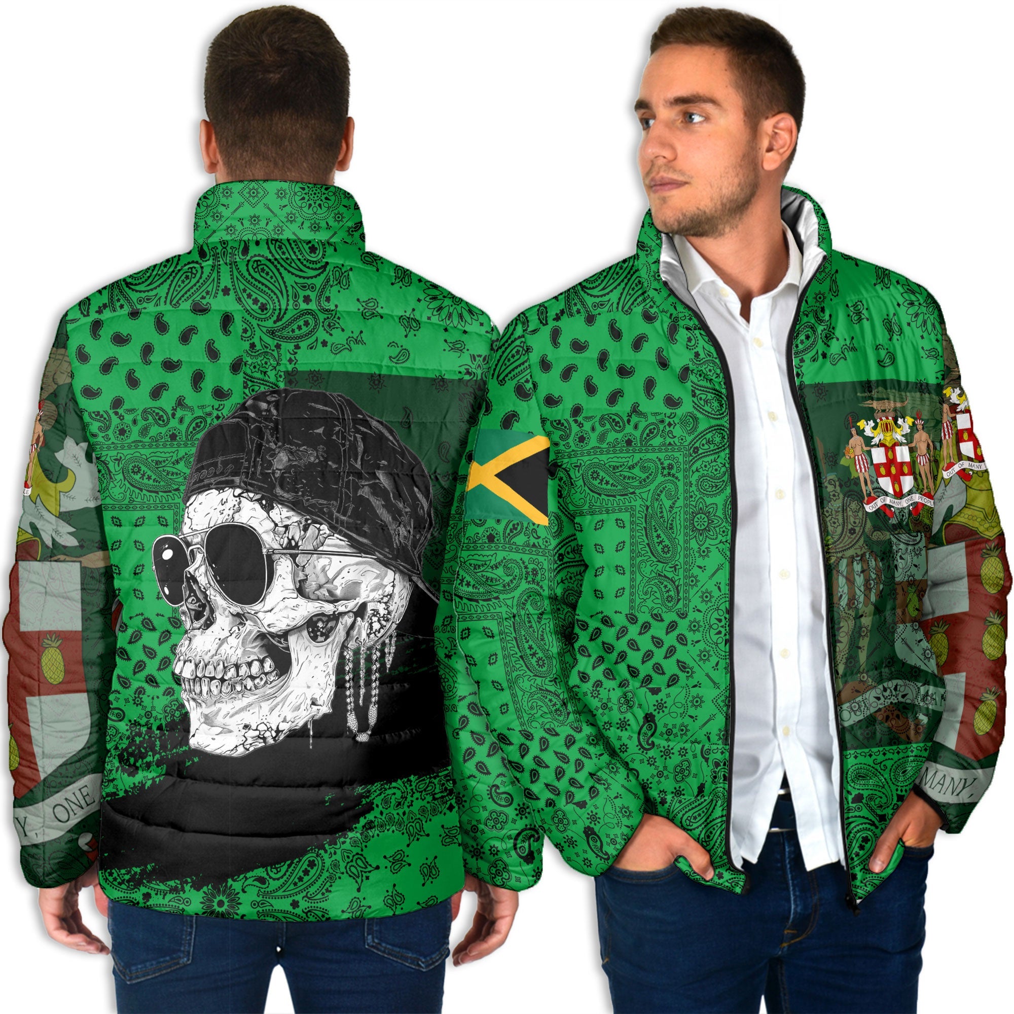 Jamaica Men Padded Jacket Paisley Flag And Skull Style 4