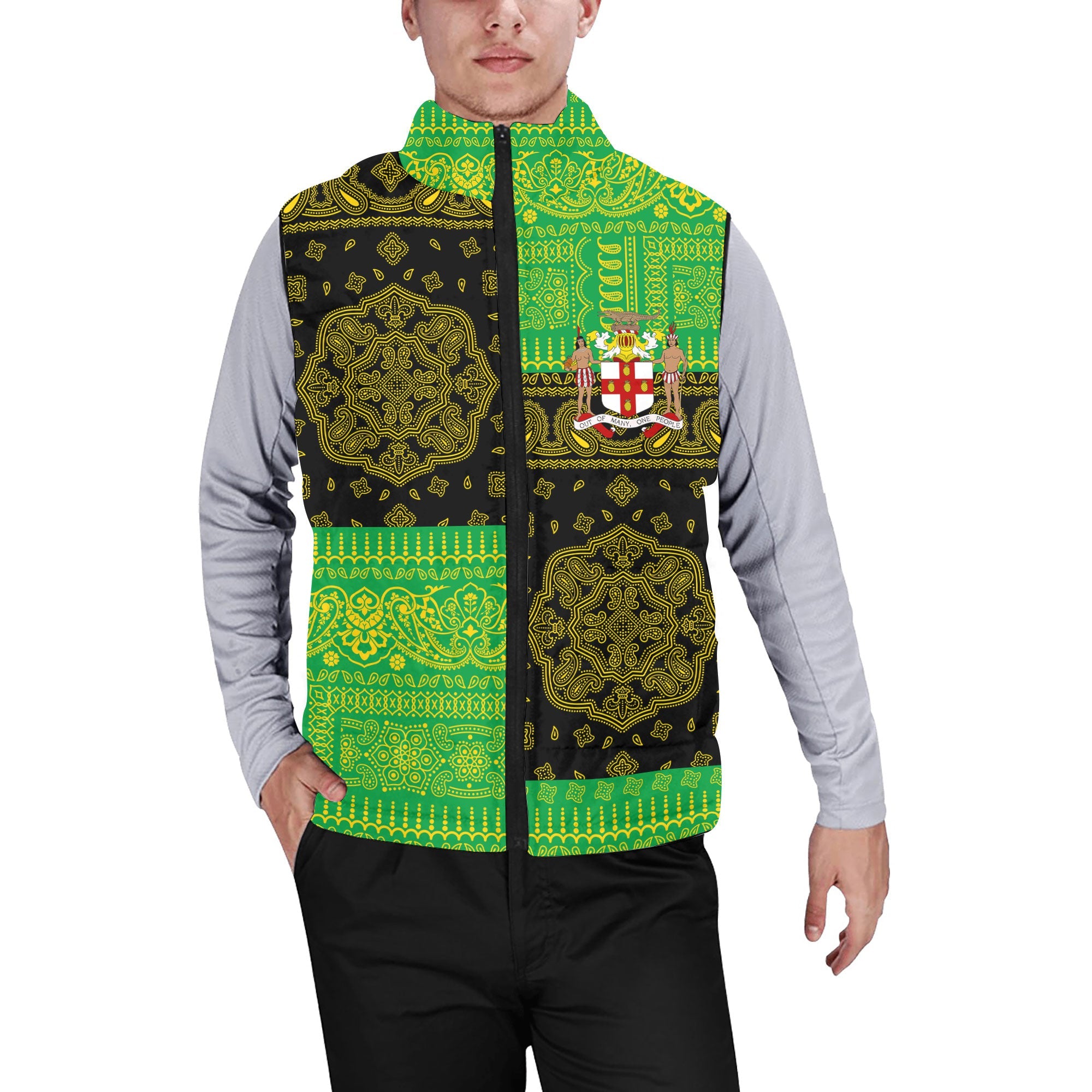 Jamaica Men Padded Jacket Vest Flag And Paisley Basic Style 1