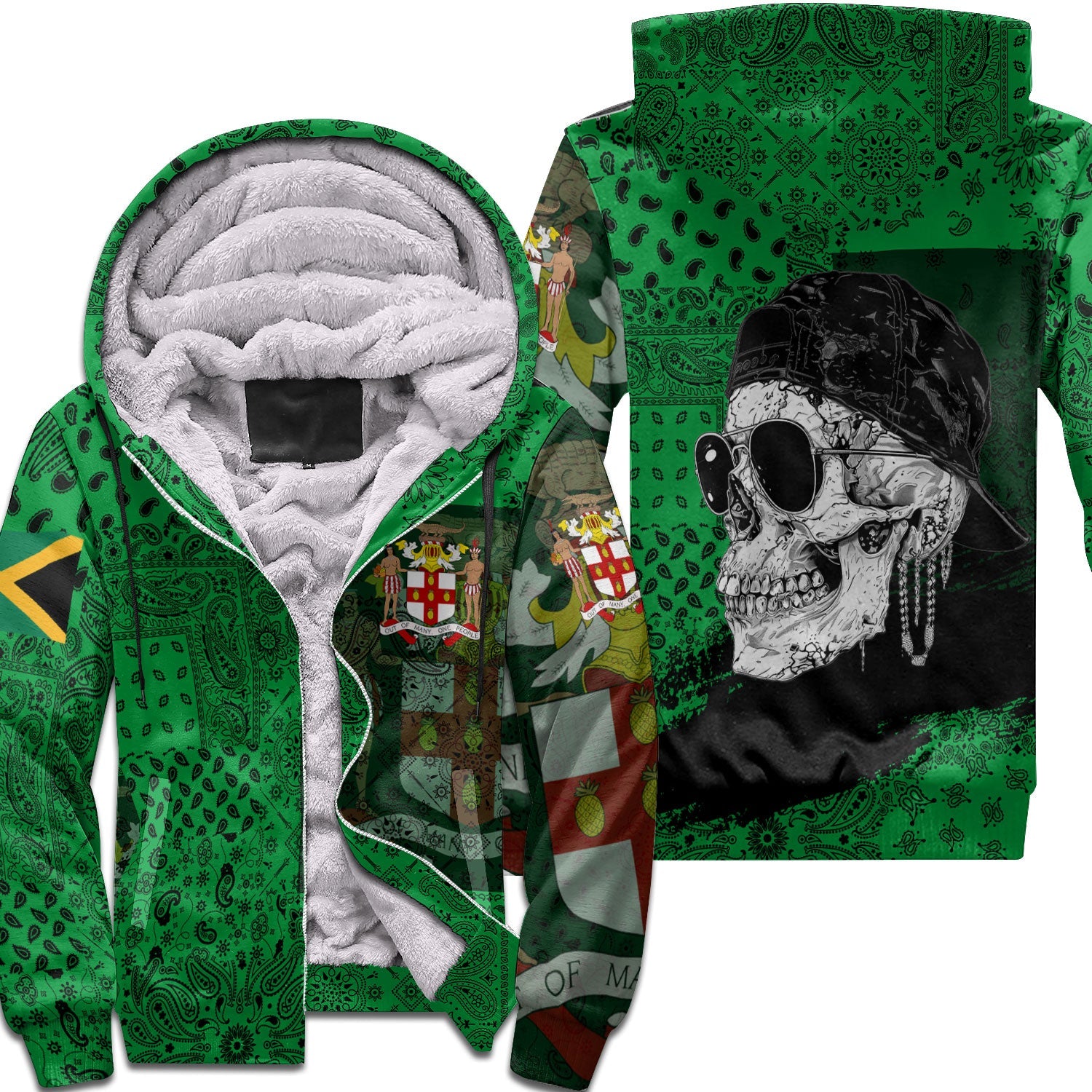 Jamaica Sherpa Hoodie Paisley Flag And Skull Style 1