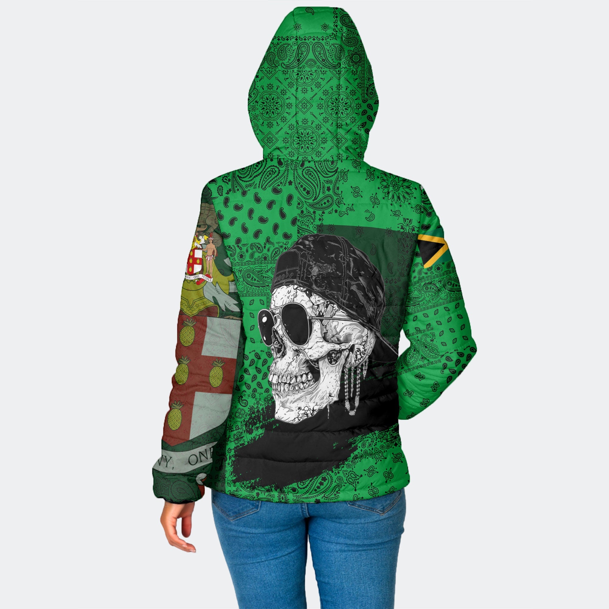 Jamaica Women Hooded Padded Jacket Paisley Flag And Skull Style 2